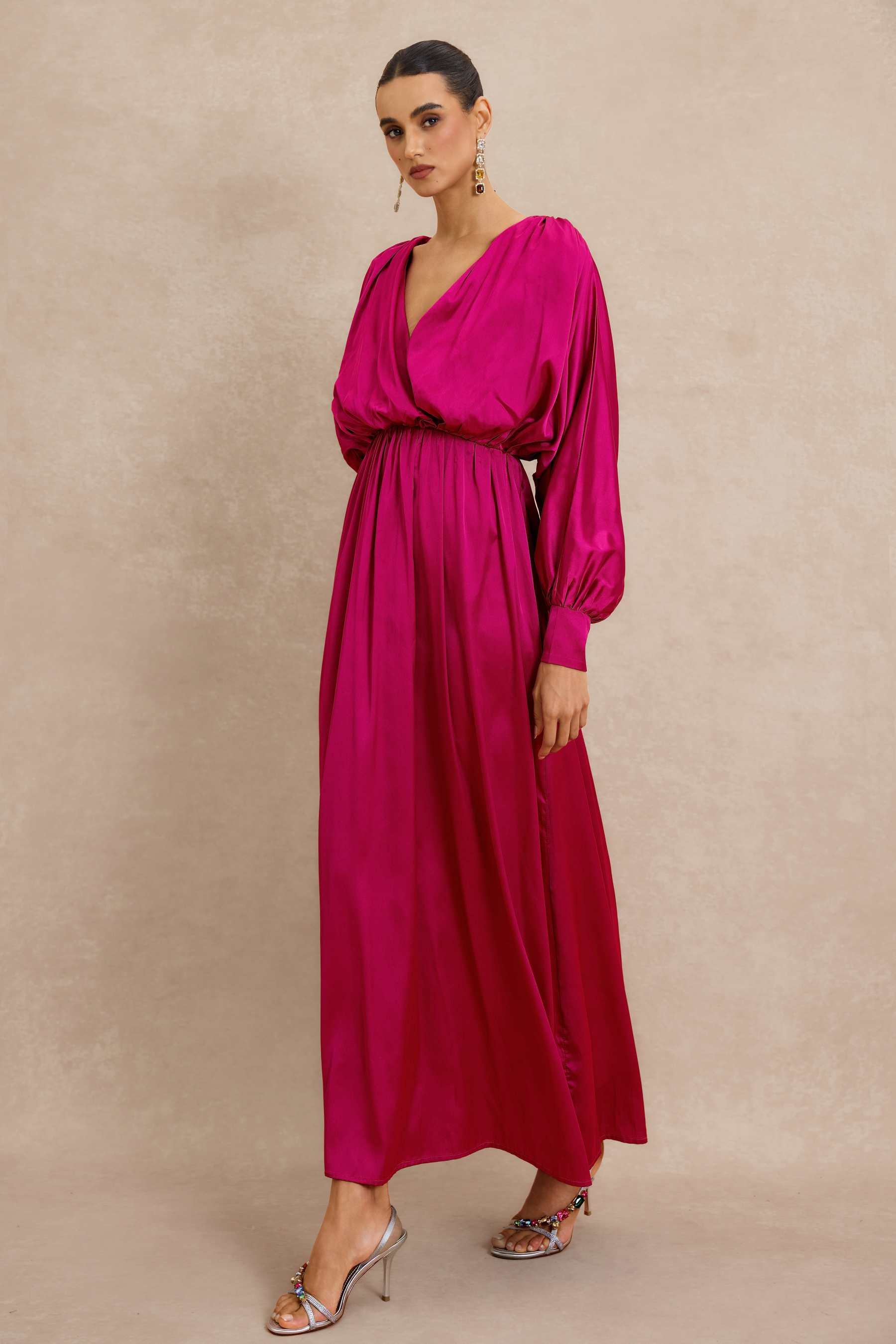 Wrap Front Balloon Sleeve V Neck Gatnering Midi Dress