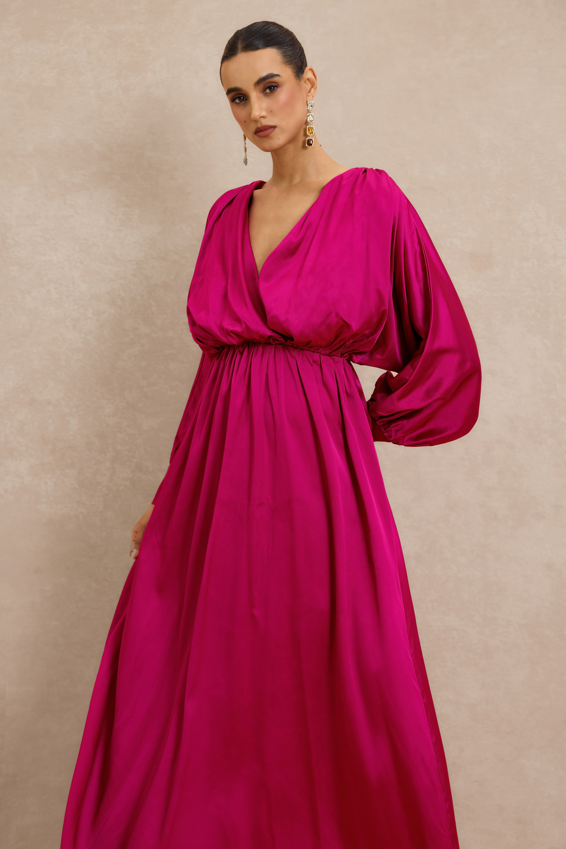 Wrap Front Balloon Sleeve V Neck Gatnering Midi Dress