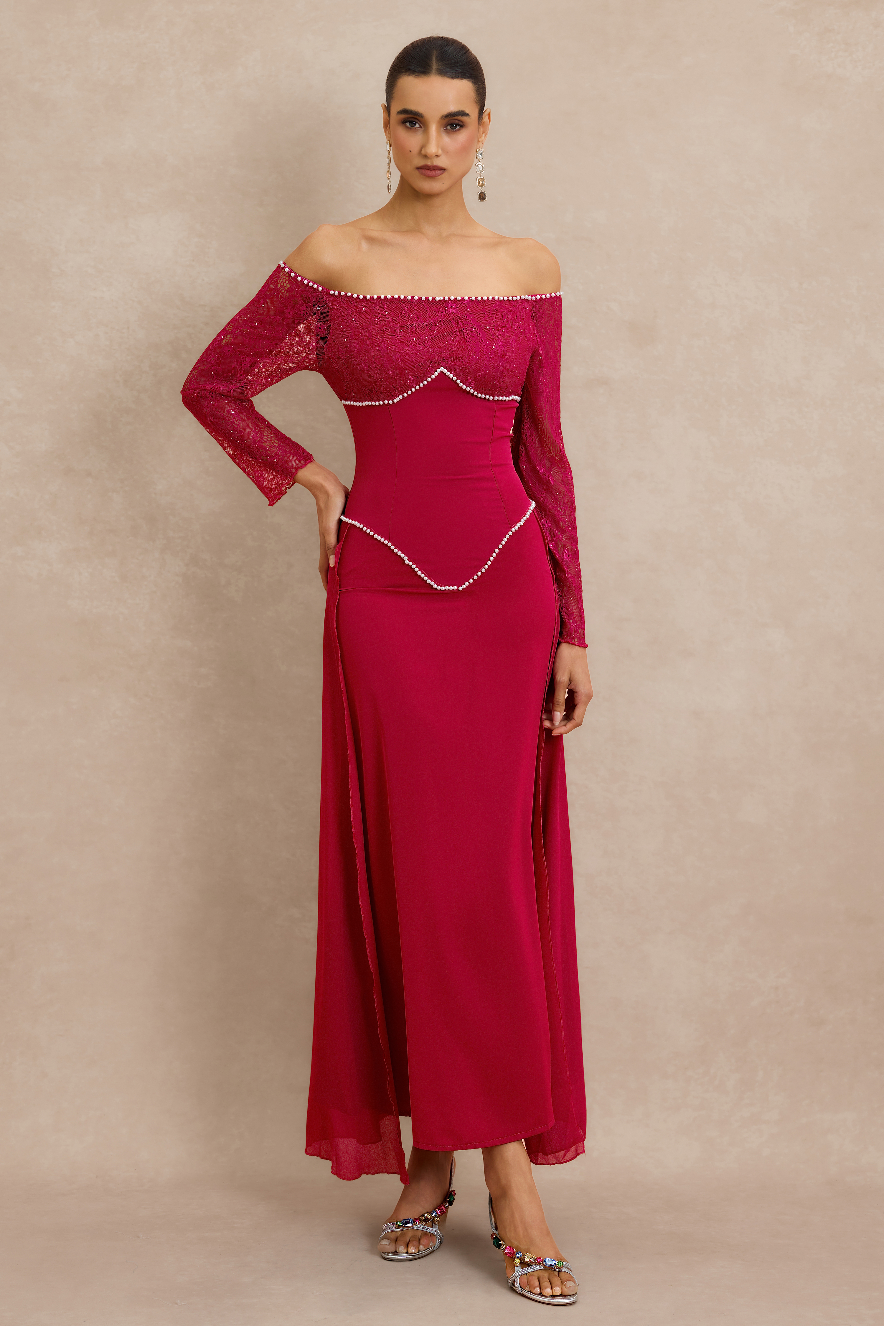Lace Faux Pearl Off Shoulder Midi Dress