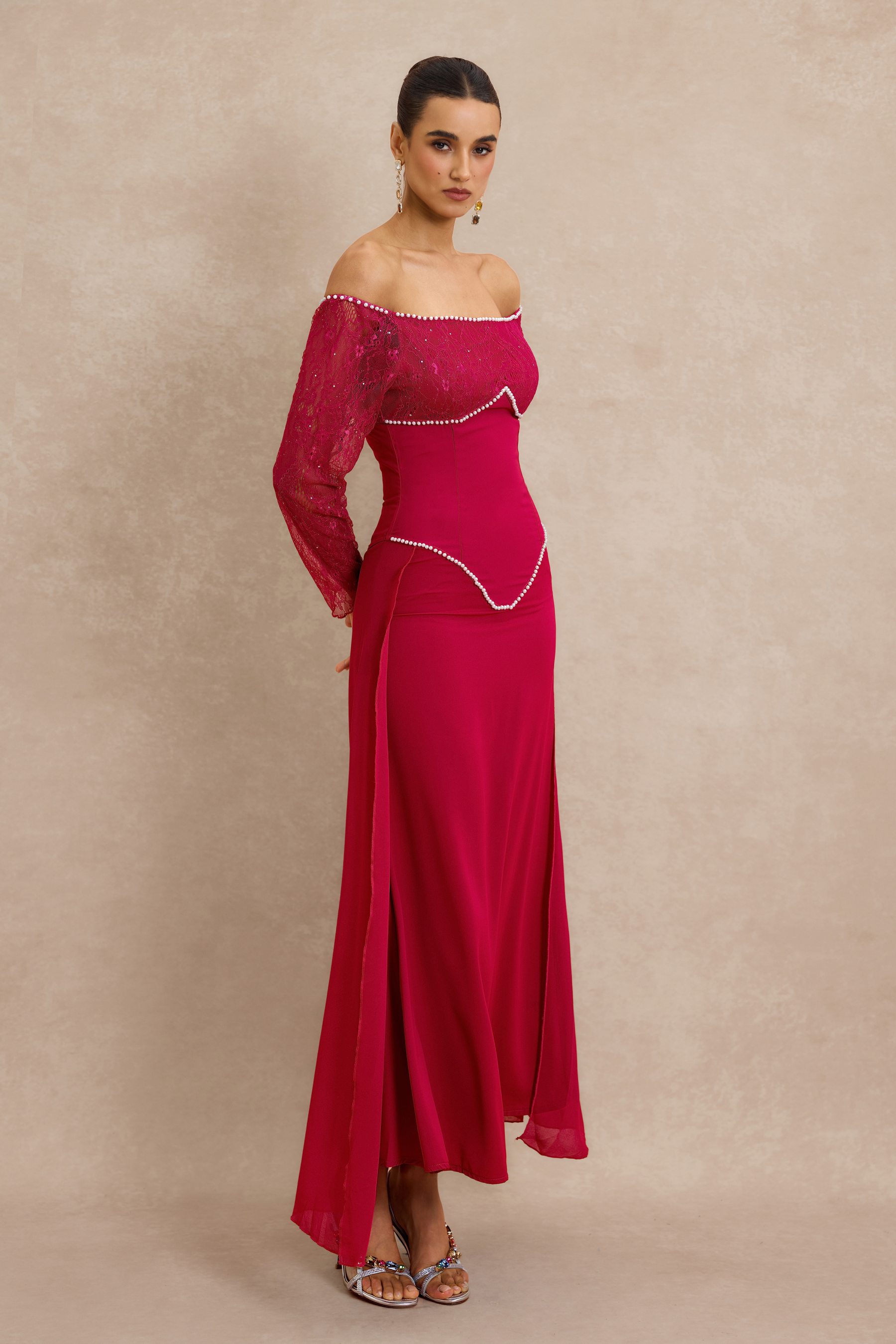 Lace Faux Pearl Off Shoulder Midi Dress
