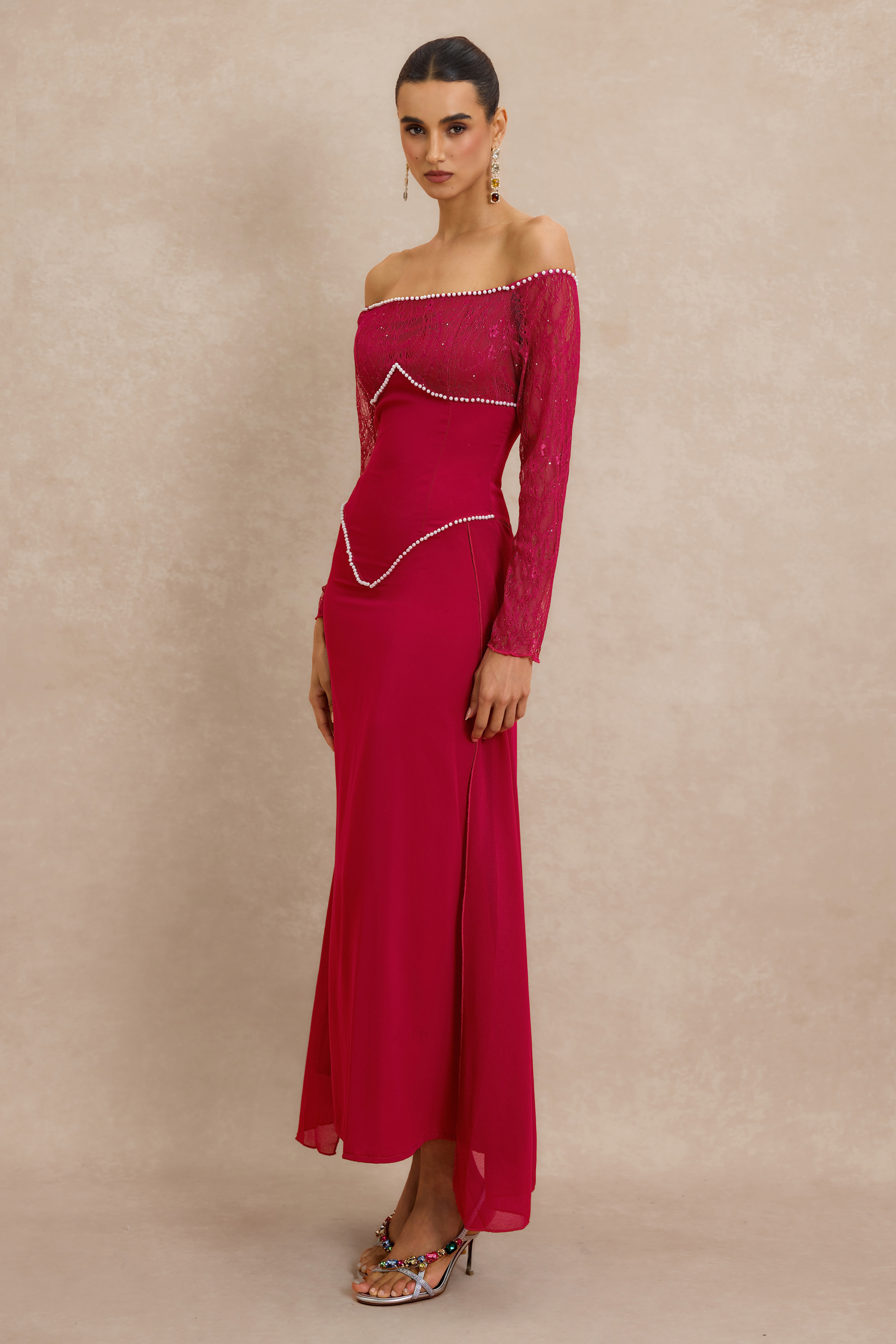 Lace Faux Pearl Off Shoulder Midi Dress