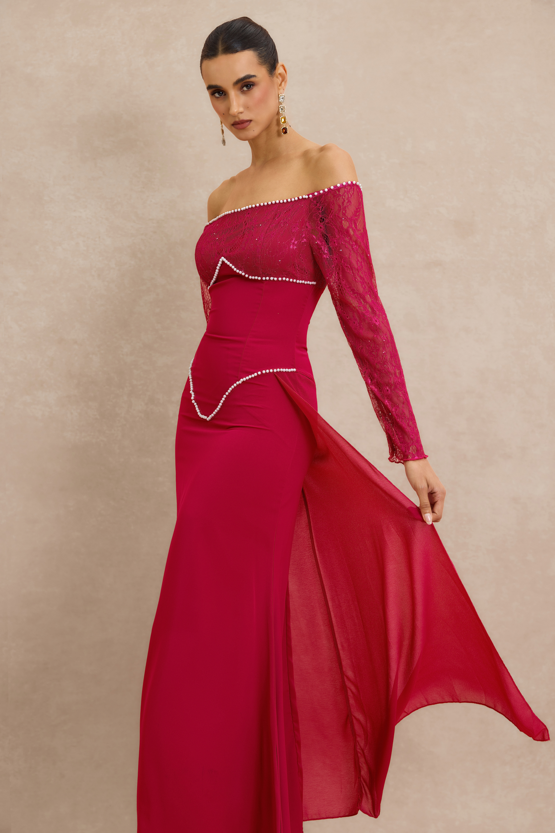 Lace Faux Pearl Off Shoulder Midi Dress