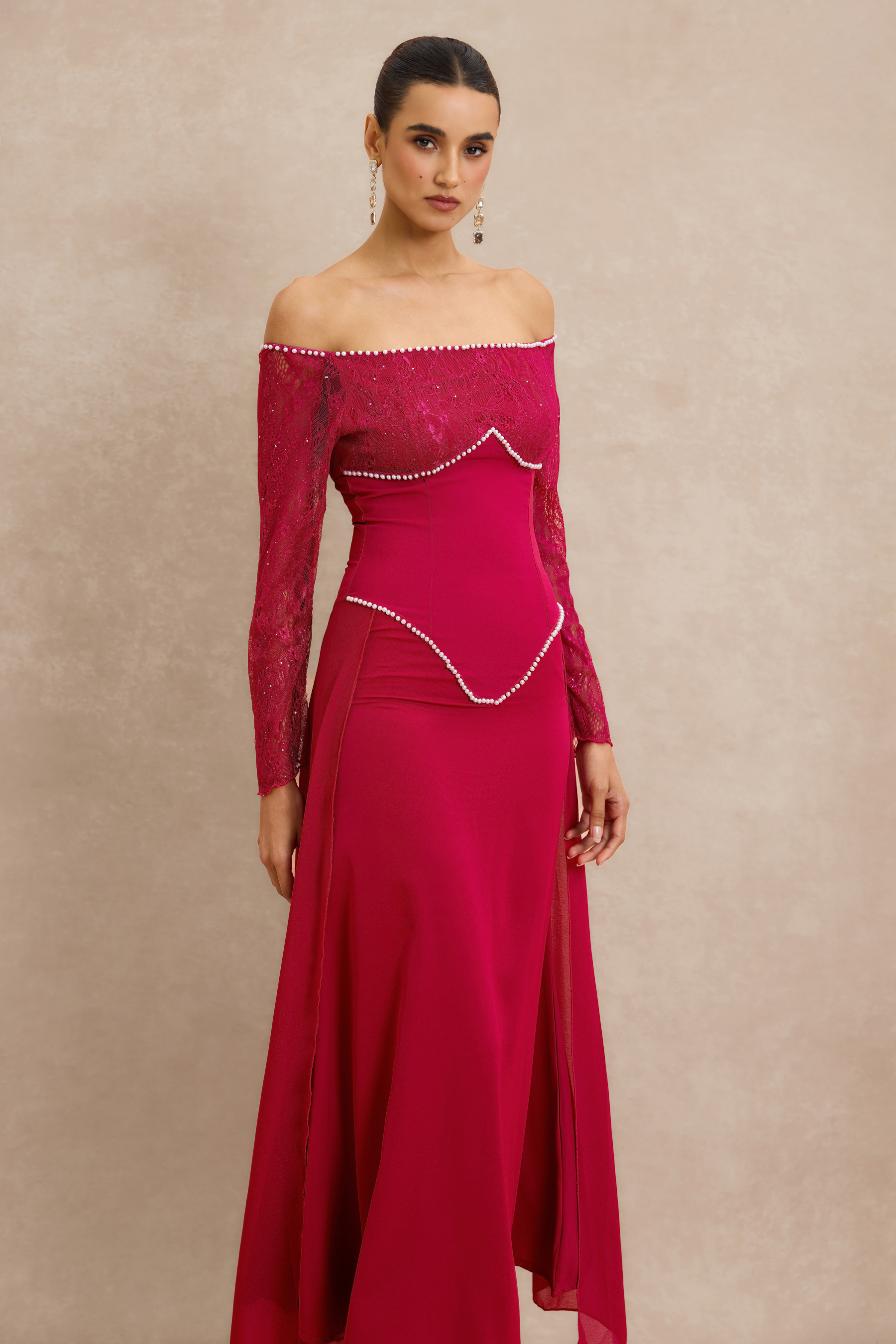 Lace Faux Pearl Off Shoulder Midi Dress