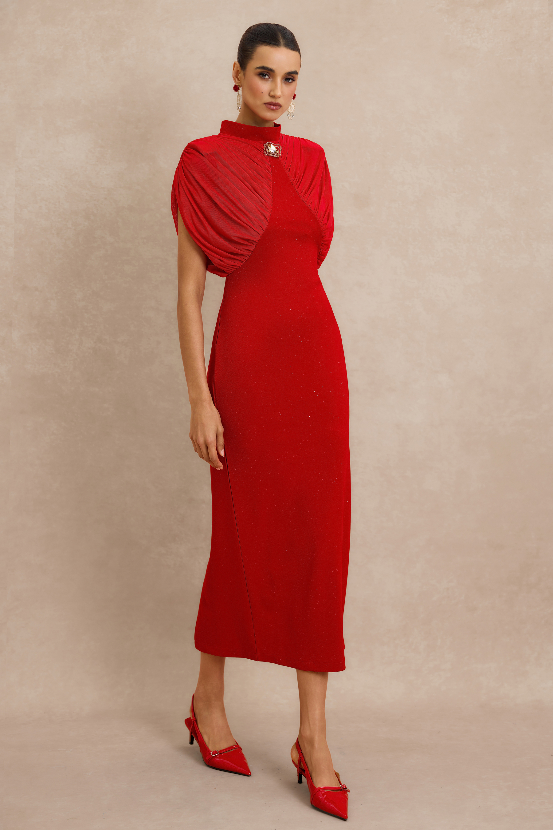 Gathering Metal Decorations Sleeveless Midi Dress