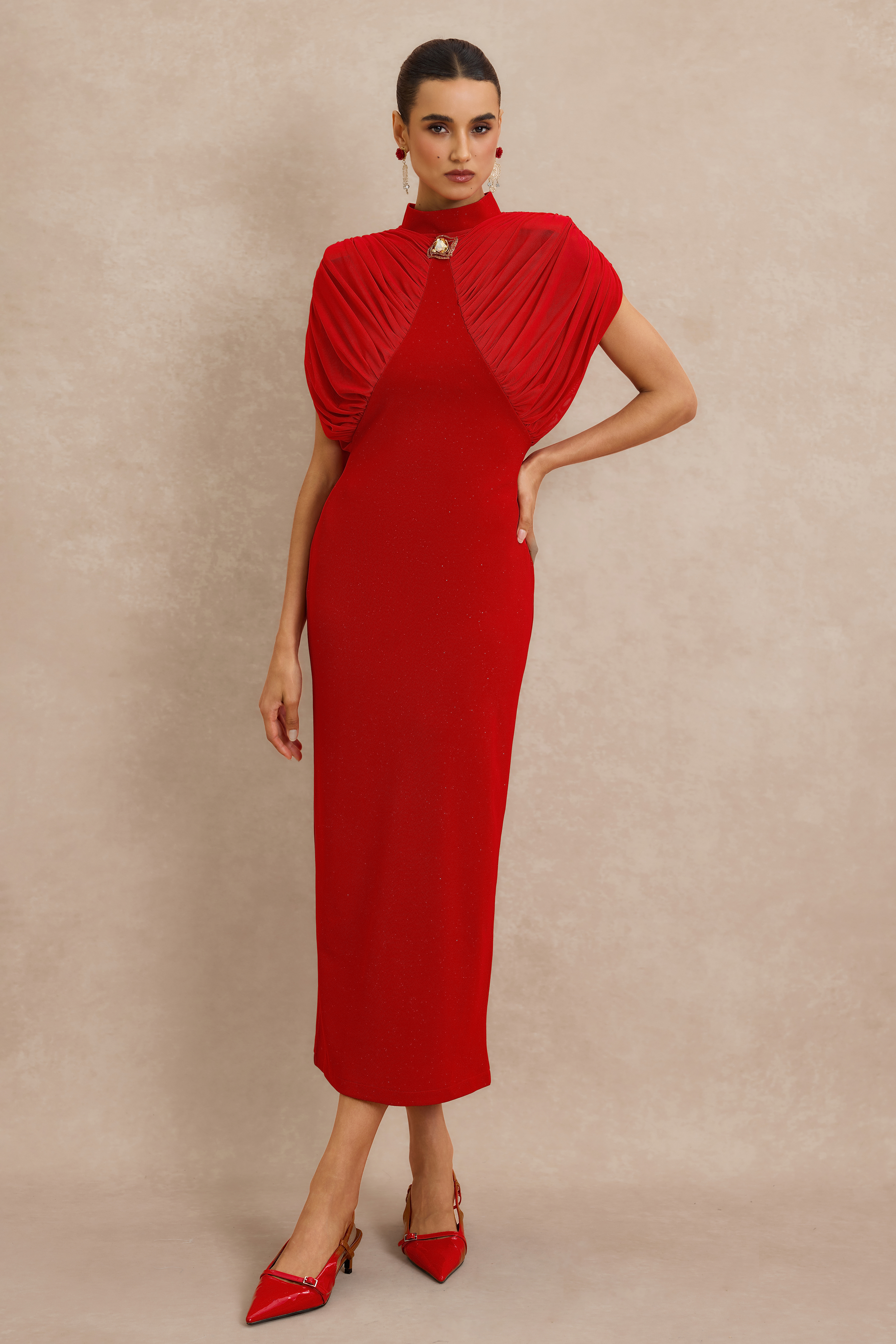 Gathering Metal Decorations Sleeveless Midi Dress