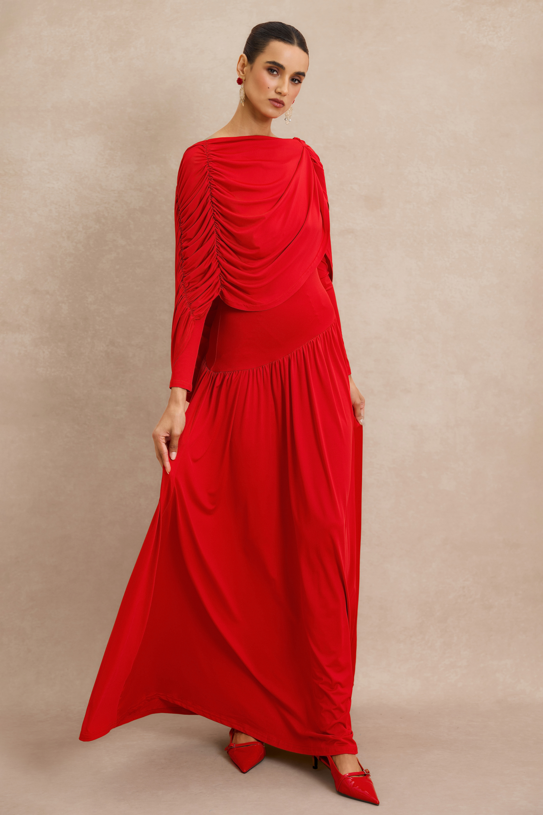 Gathering Cape Backless Maxi Dress