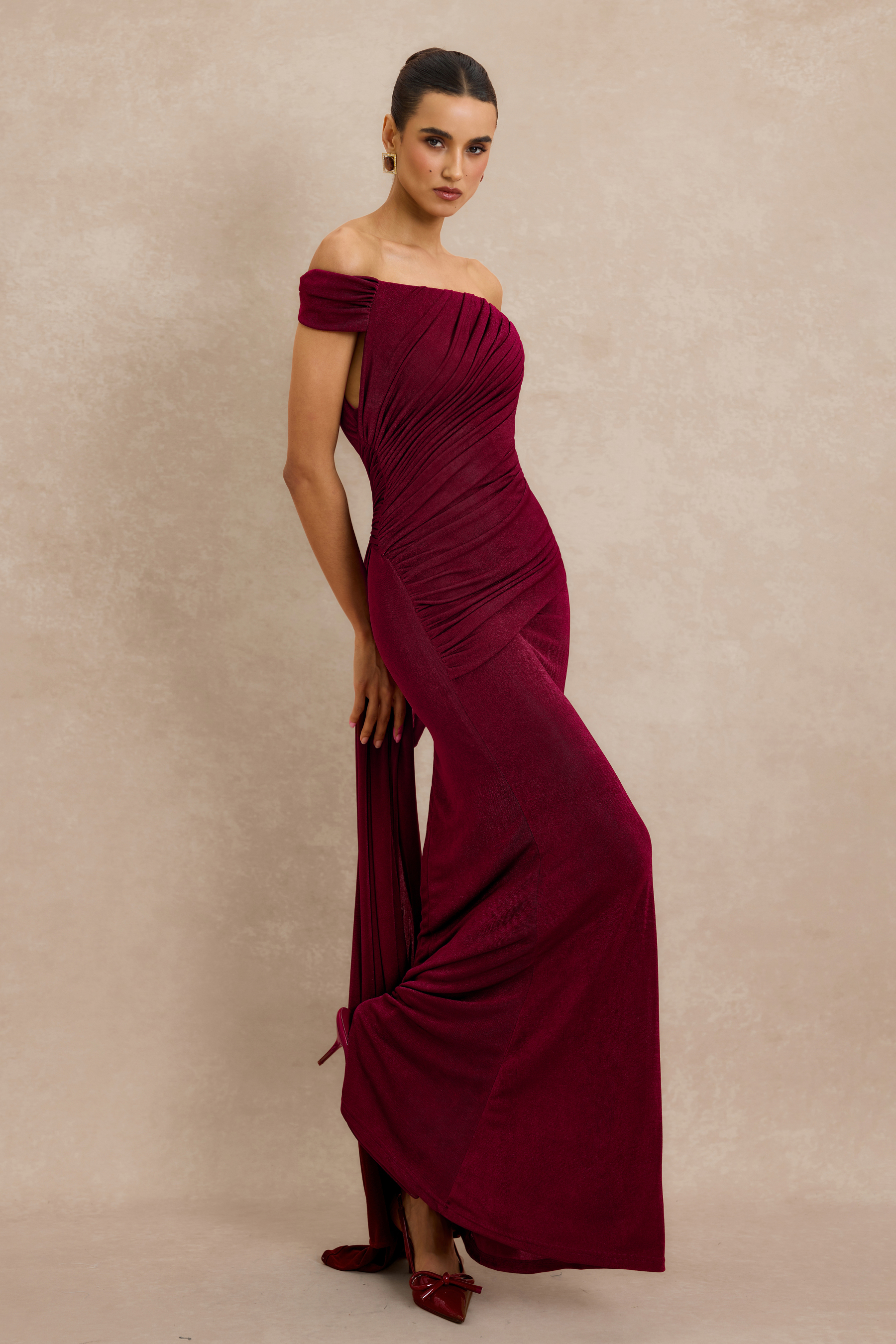 Off Shoulder Ruched Maxi Dress