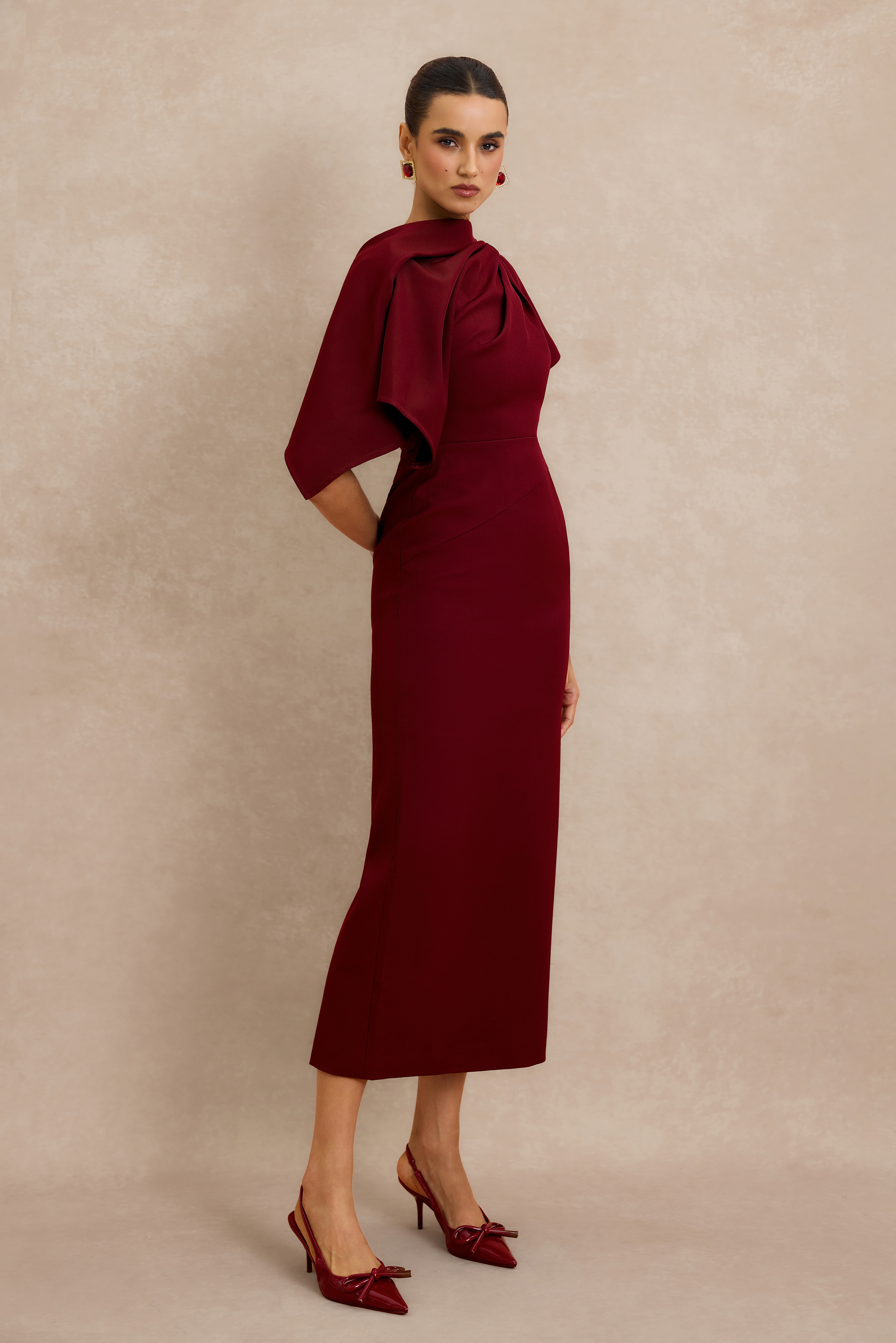 Metal Decorations Asymmetrical Sleeve Midi Dress