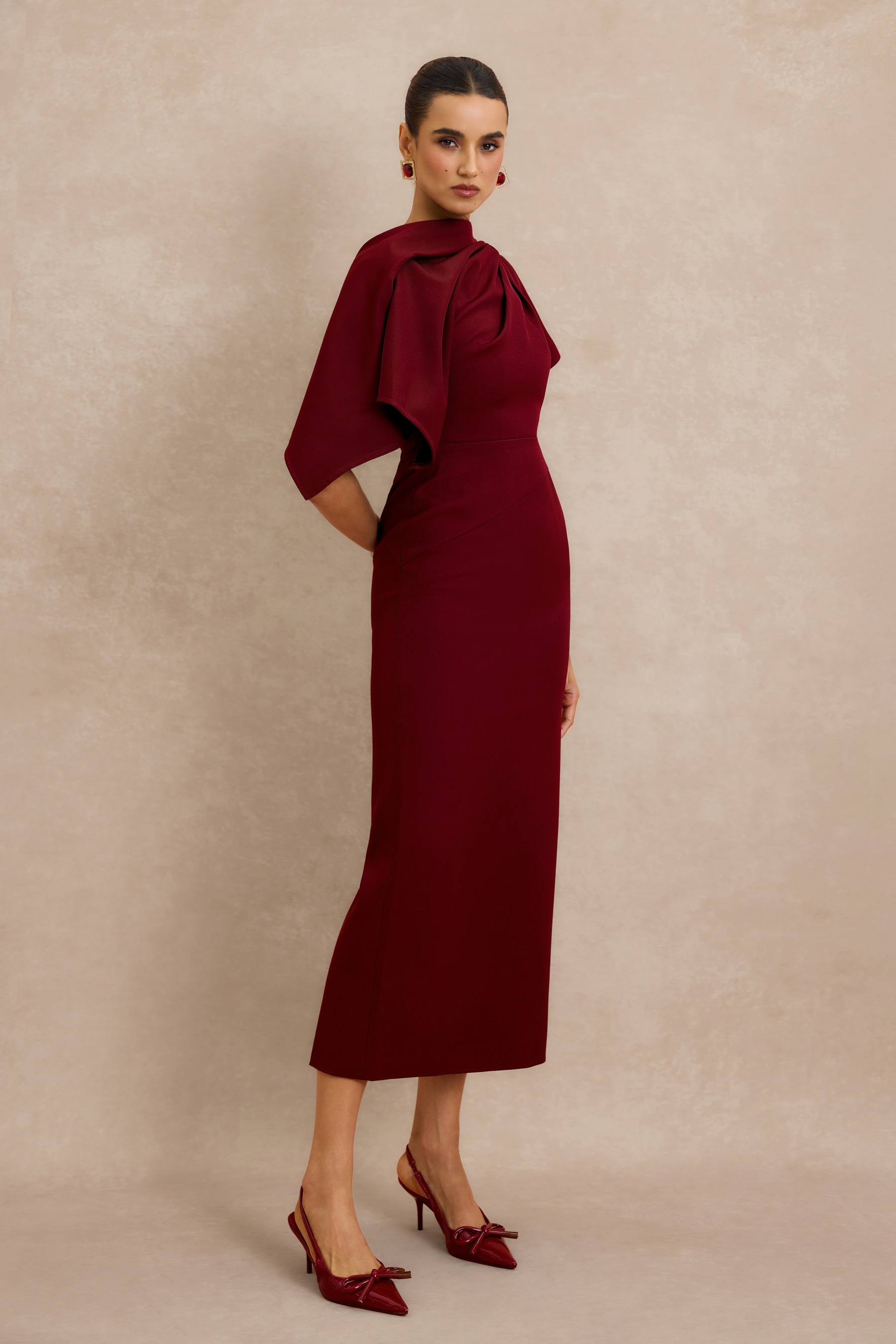 Metal Decorations Asymmetrical Sleeve Midi Dress