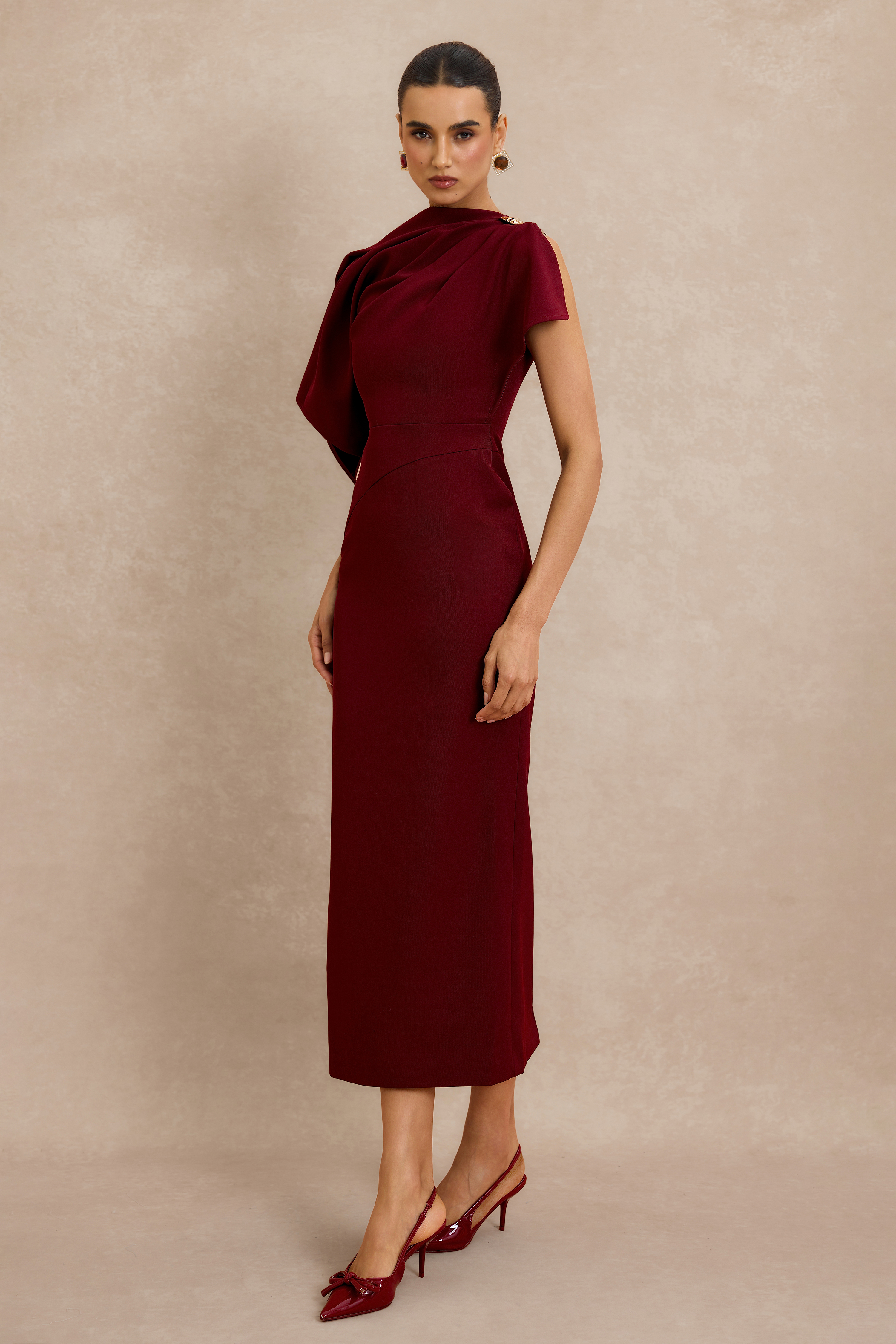 Metal Decorations Asymmetrical Sleeve Midi Dress