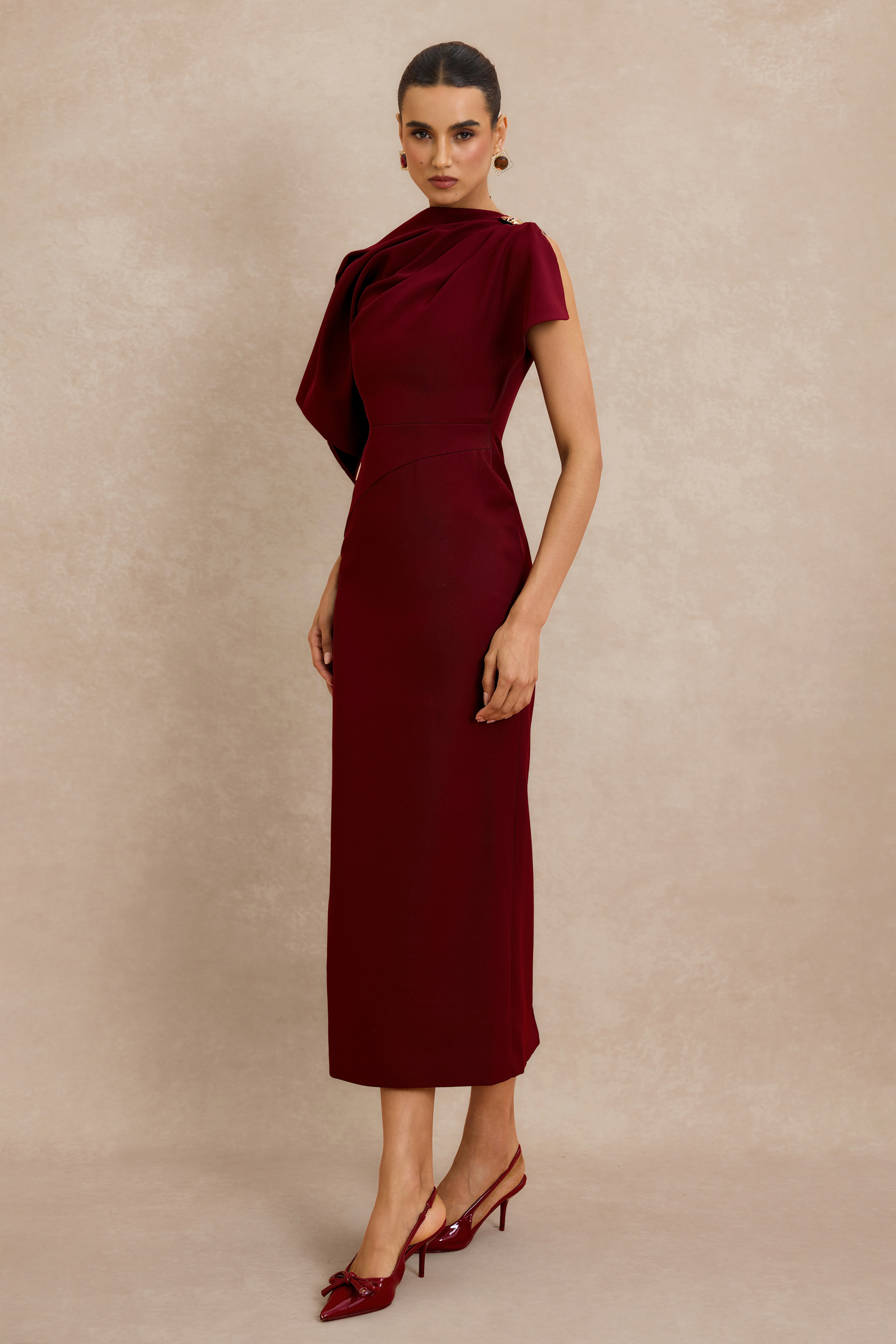 Metal Decorations Asymmetrical Sleeve Midi Dress