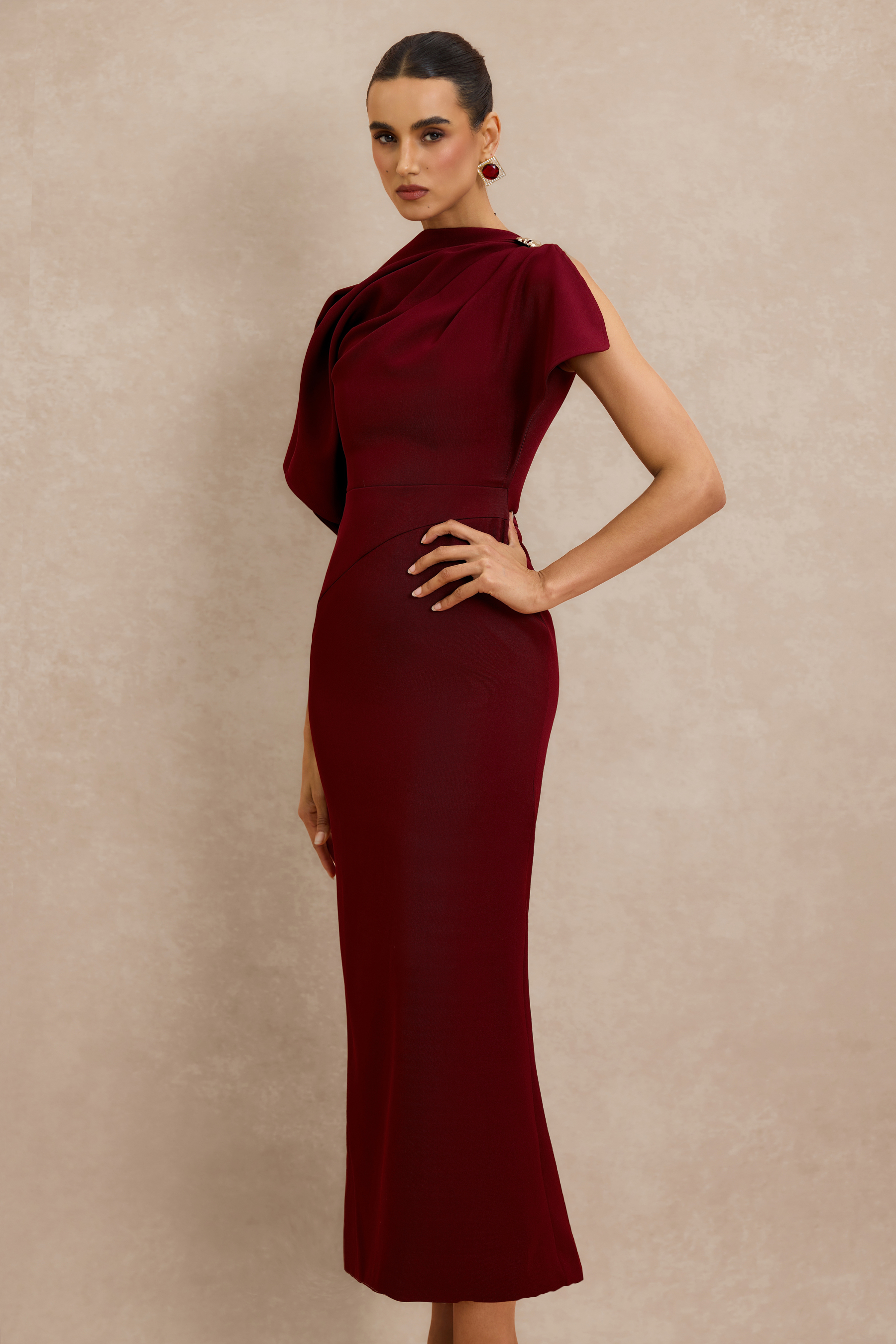 Metal Decorations Asymmetrical Sleeve Midi Dress