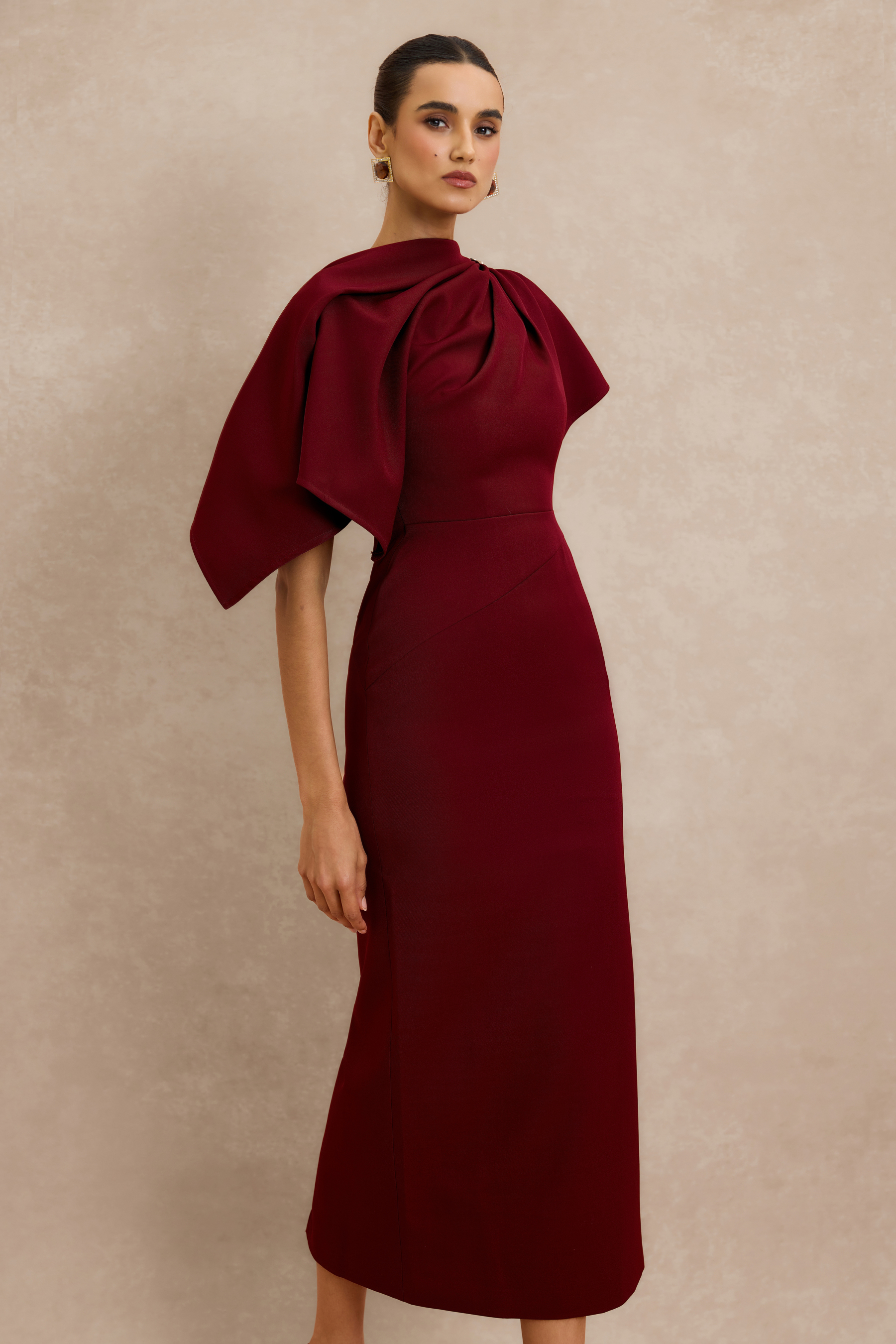 Metal Decorations Asymmetrical Sleeve Midi Dress