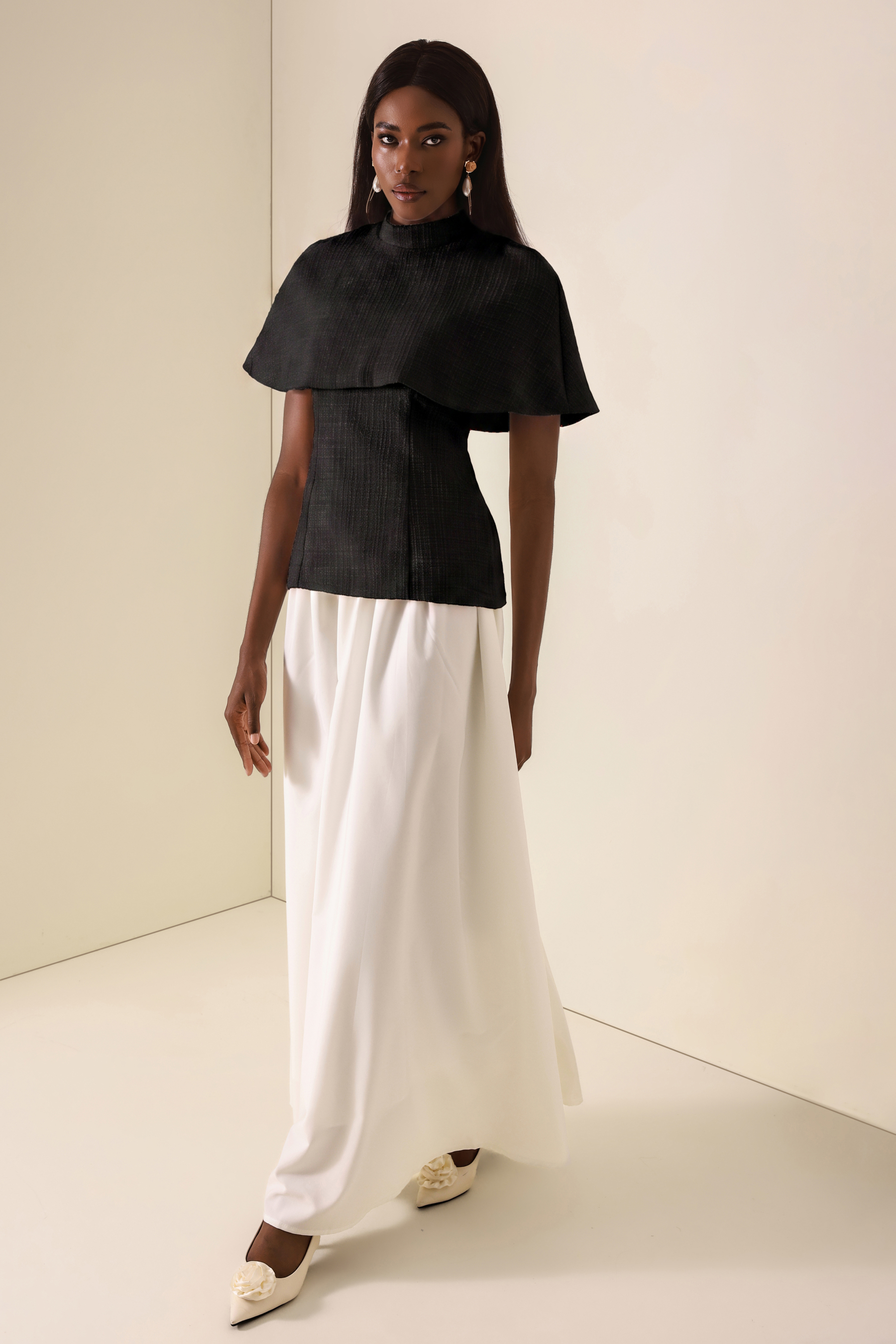 Tweed High Neck Strapless Top With Cape & High Waist Midi Skirt Set