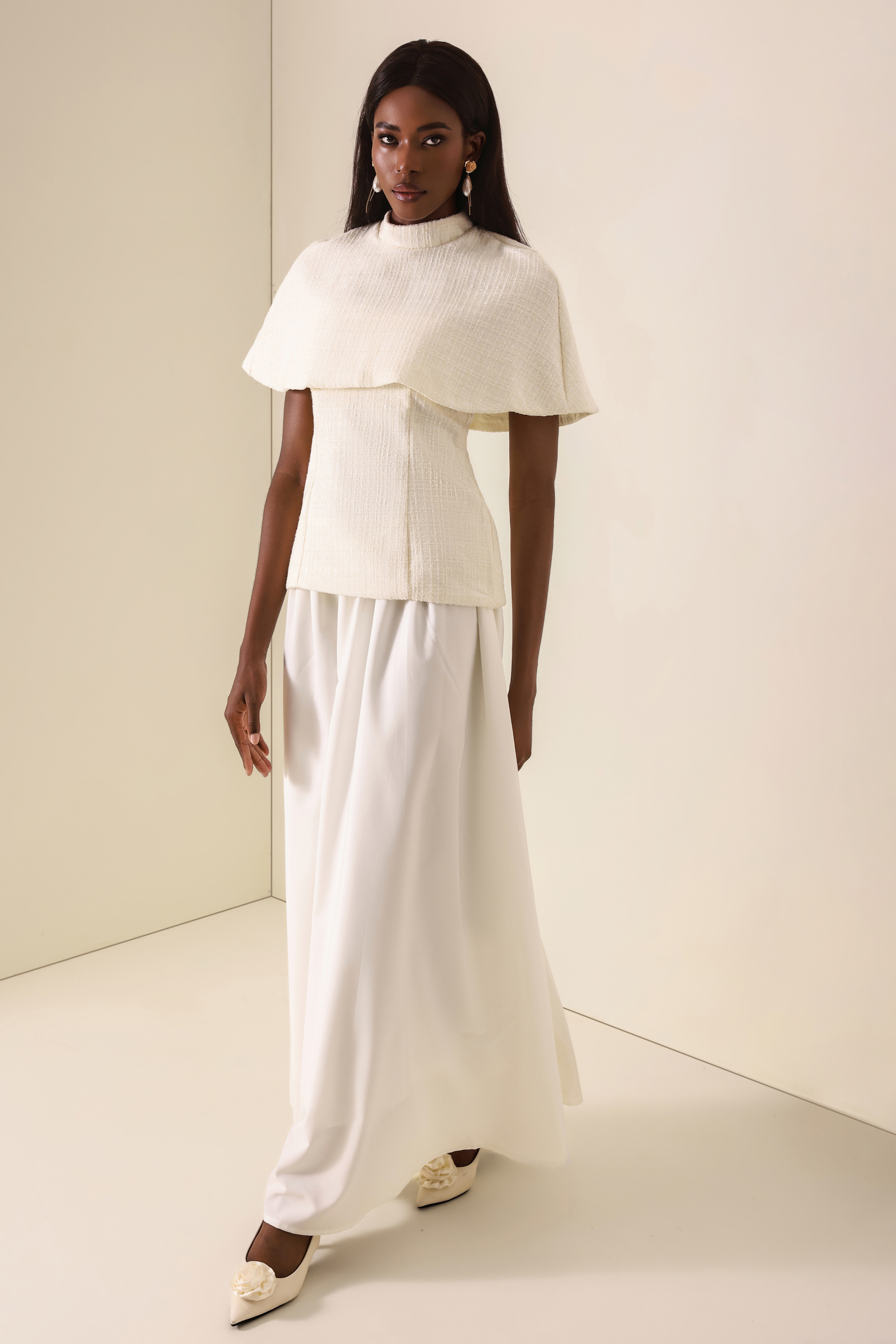 Tweed High Neck Strapless Top With Cape & High Waist Midi Skirt Set