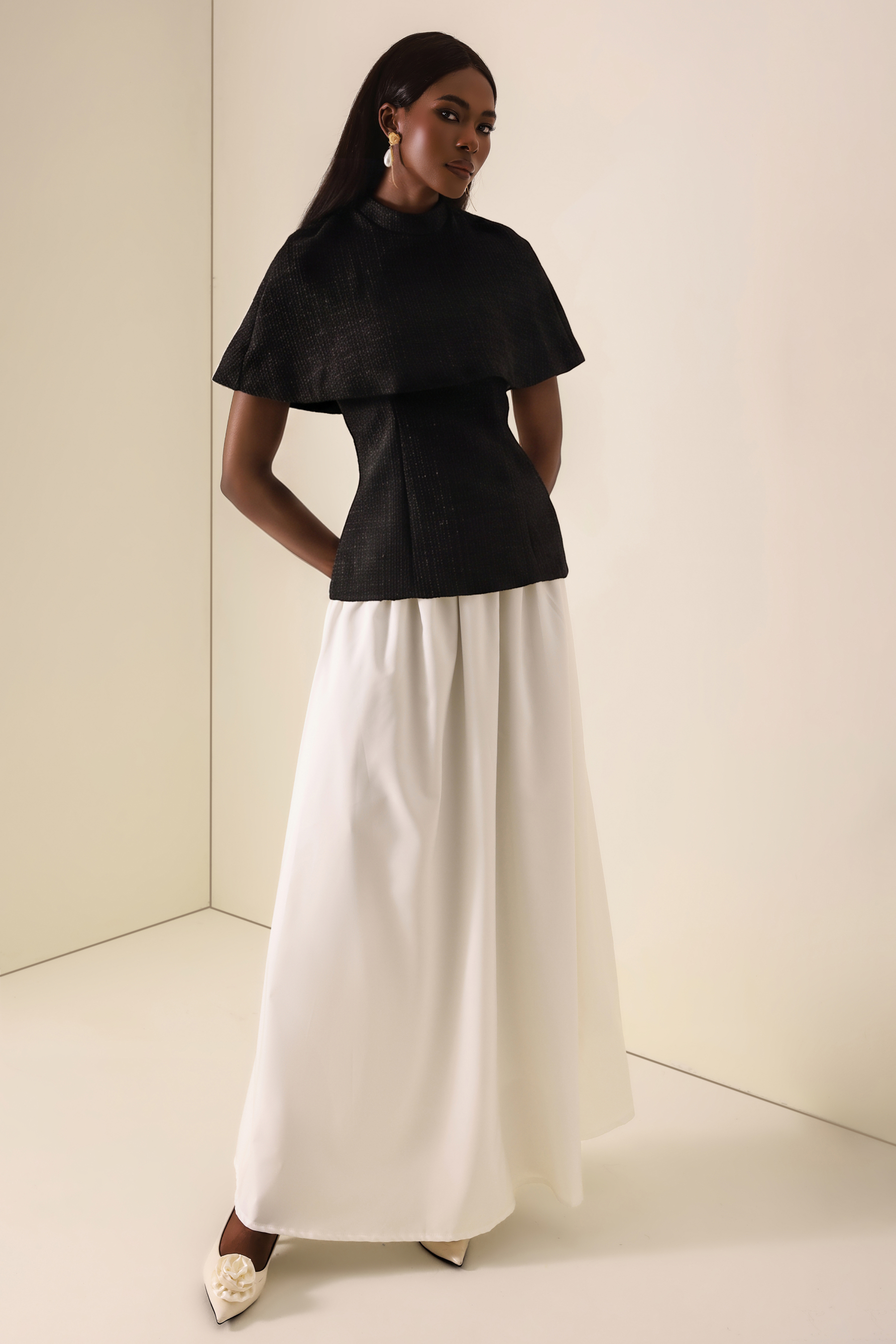 Tweed High Neck Strapless Top With Cape & High Waist Midi Skirt Set