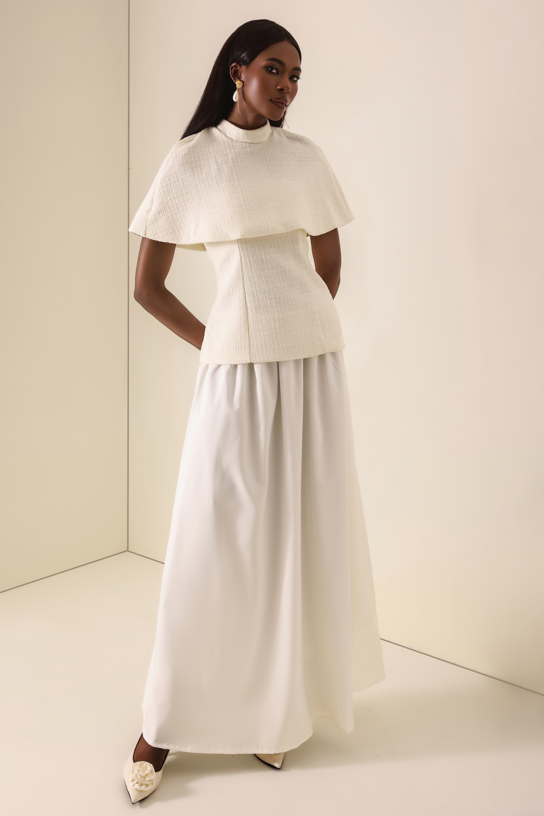 Tweed High Neck Strapless Top With Cape & High Waist Midi Skirt Set