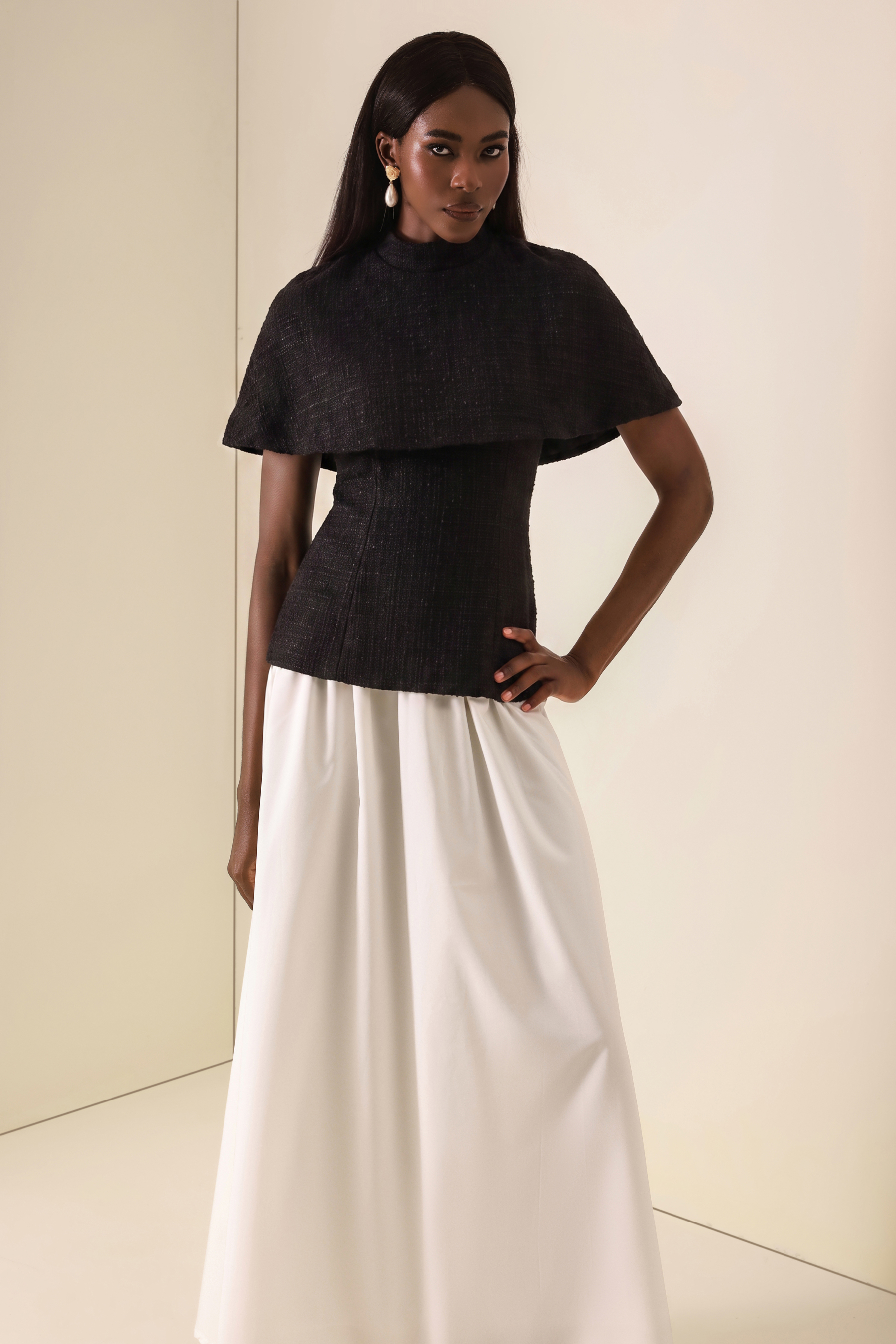 Tweed High Neck Strapless Top With Cape & High Waist Midi Skirt Set