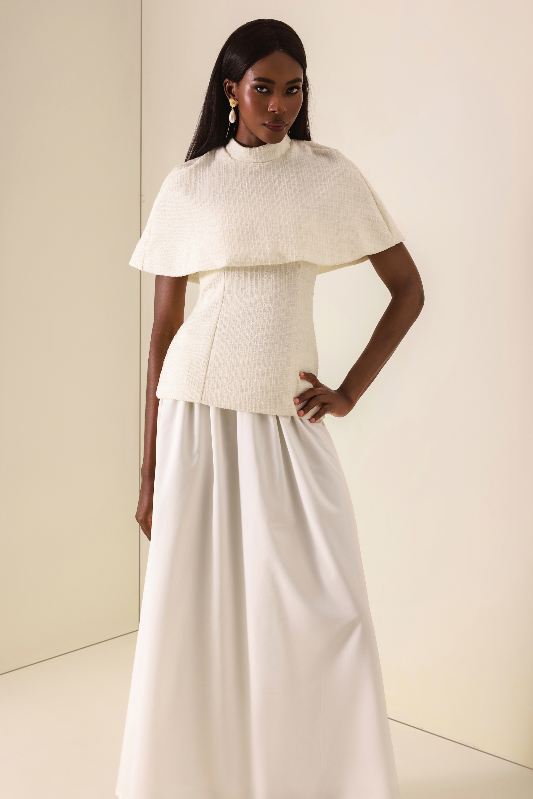 Tweed High Neck Strapless Top With Cape & High Waist Midi Skirt Set