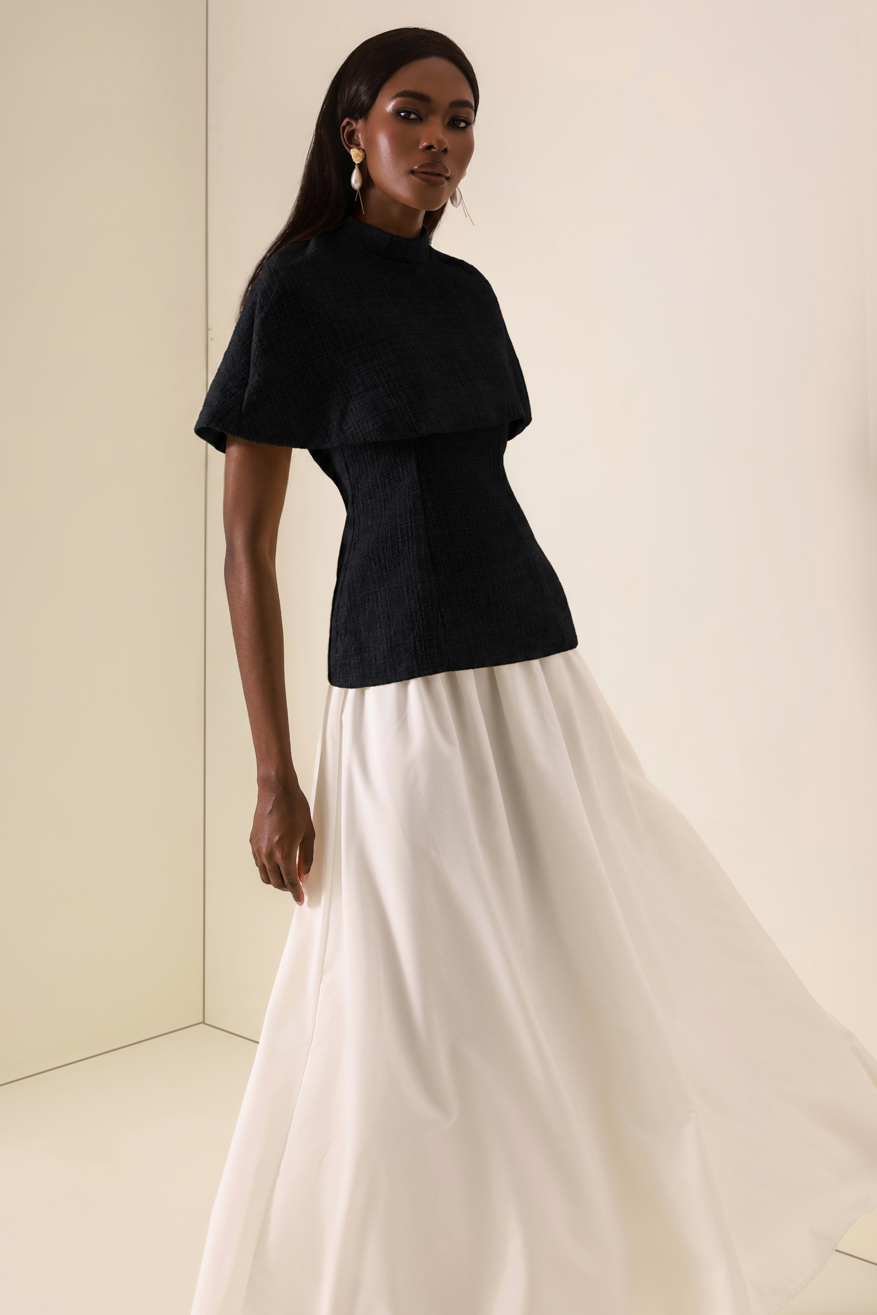 Tweed High Neck Strapless Top With Cape & High Waist Midi Skirt Set