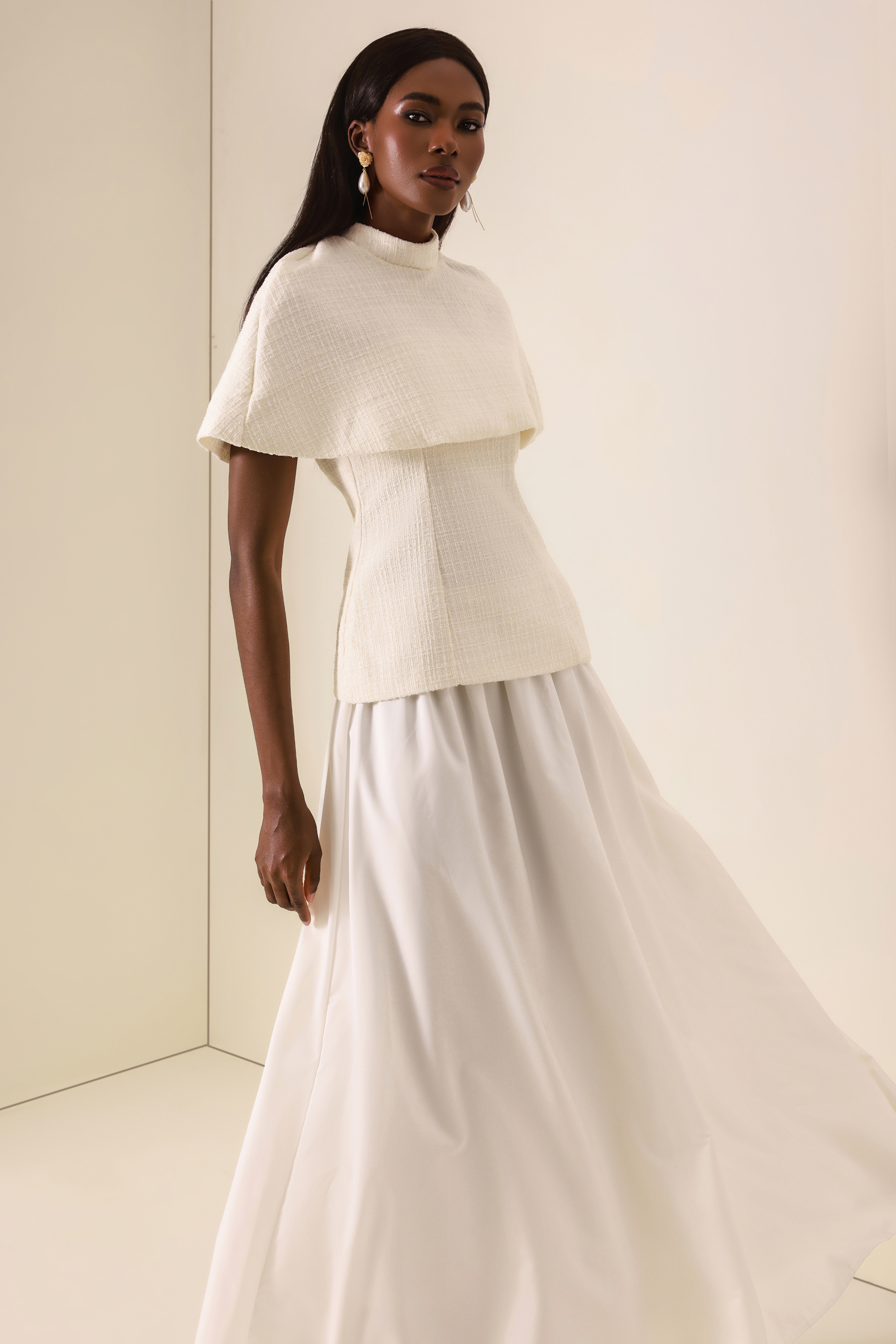 Tweed High Neck Strapless Top With Cape & High Waist Midi Skirt Set