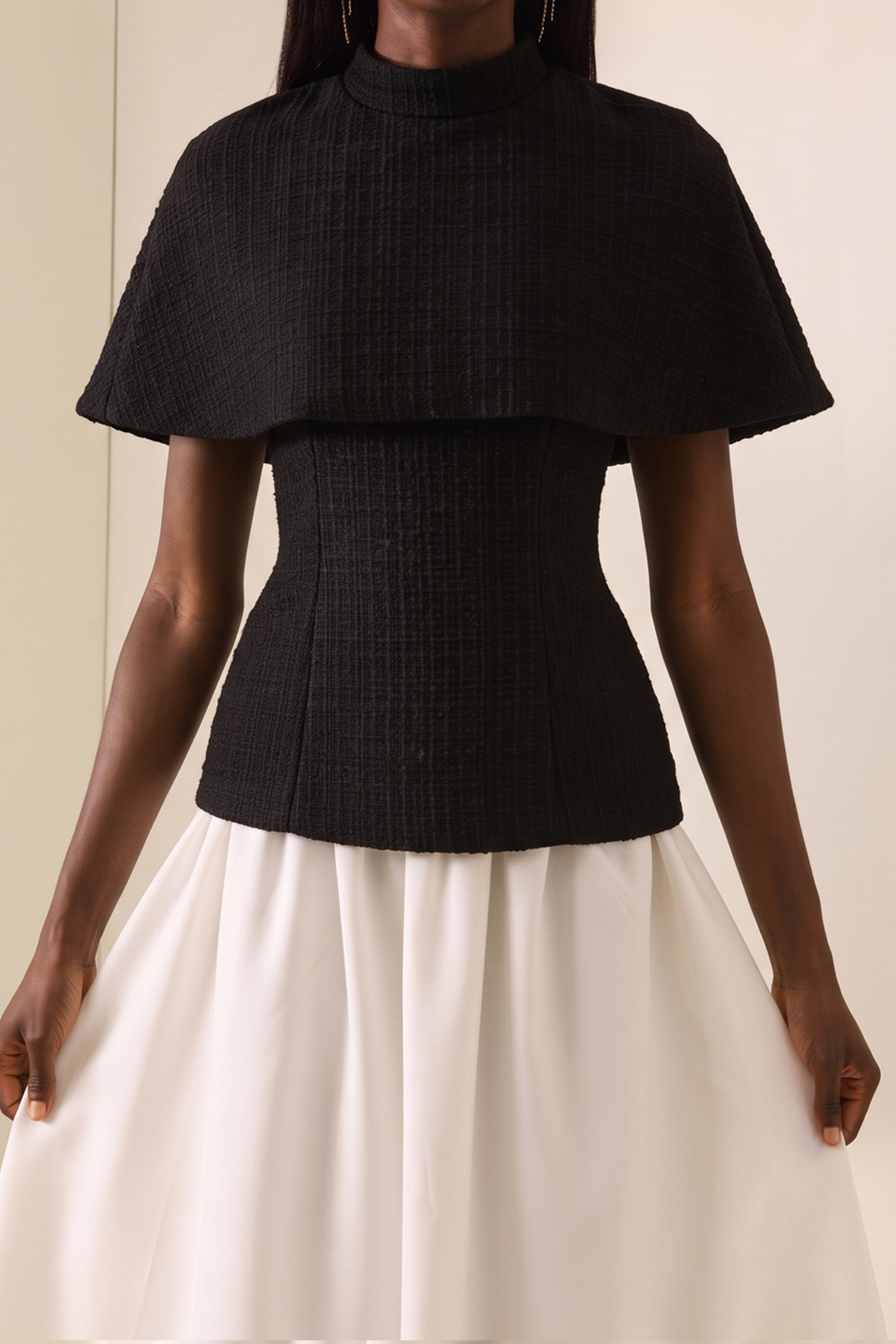 Tweed High Neck Strapless Top With Cape & High Waist Midi Skirt Set