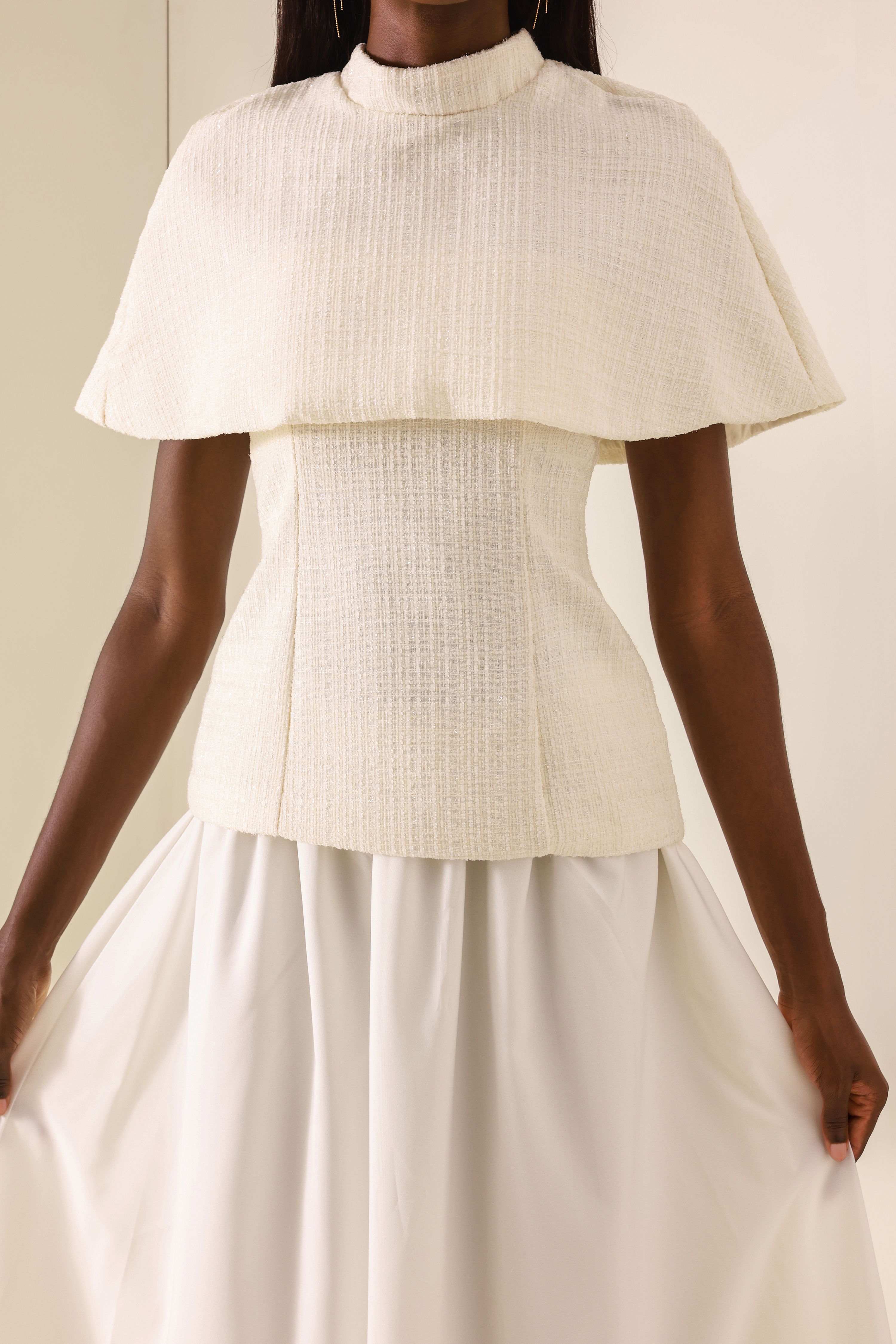 Tweed High Neck Strapless Top With Cape & High Waist Midi Skirt Set