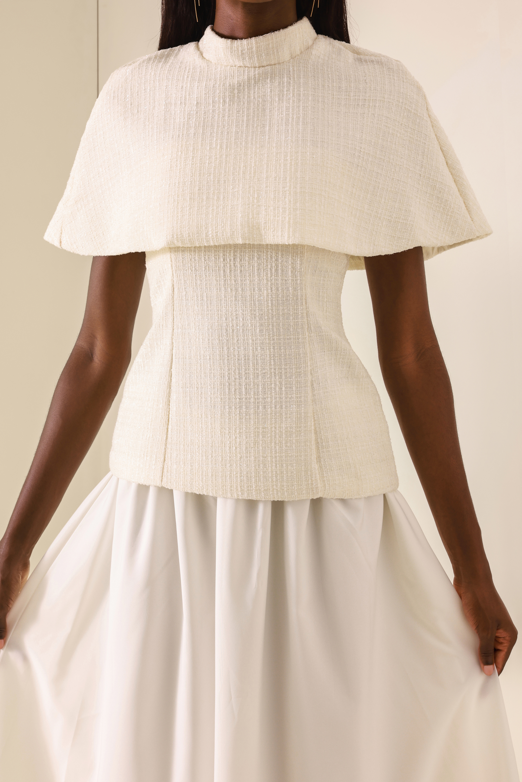 Tweed High Neck Strapless Top With Cape & High Waist Midi Skirt Set