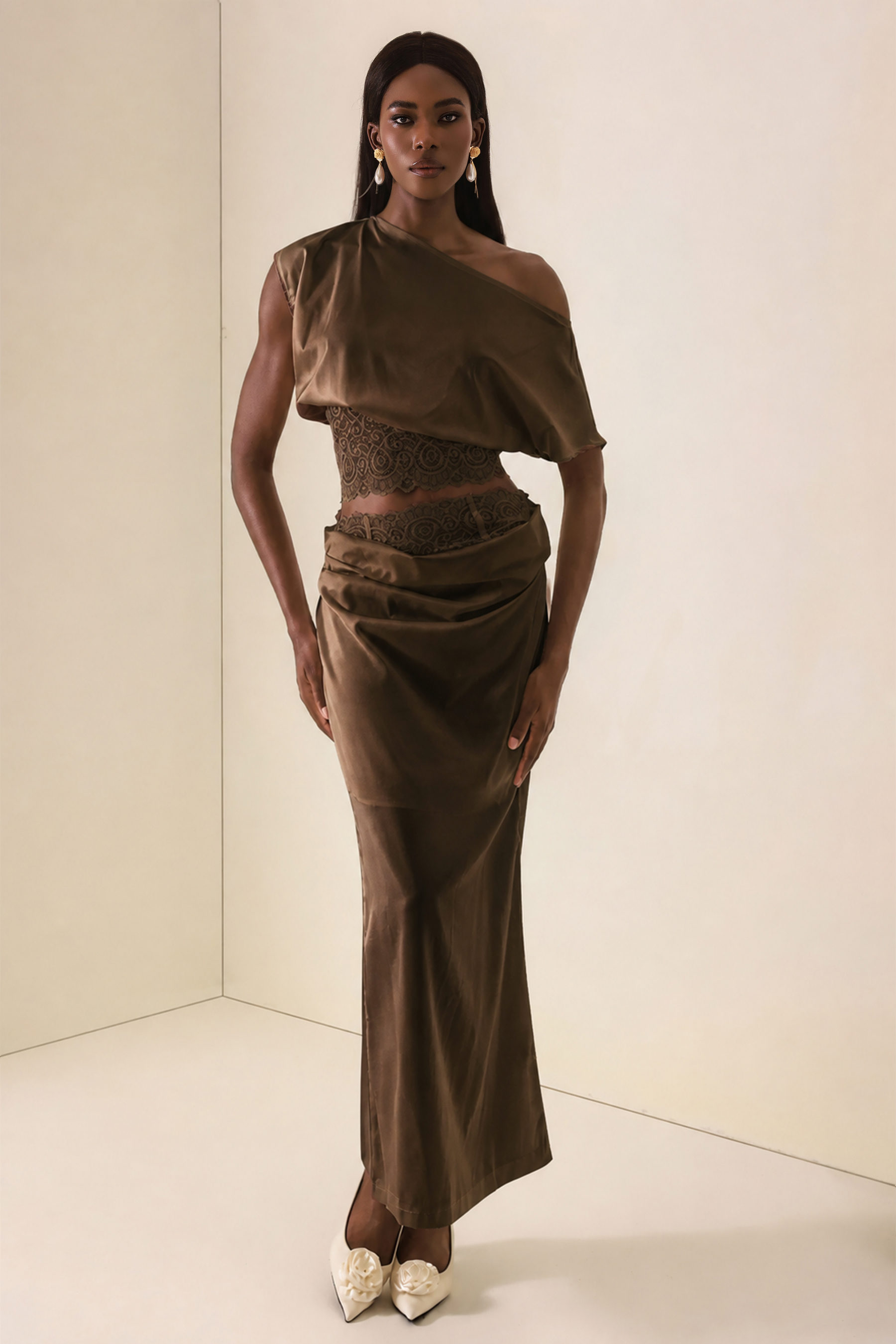 Skew Collar Lace Top & High Waist Midi Skirt Set