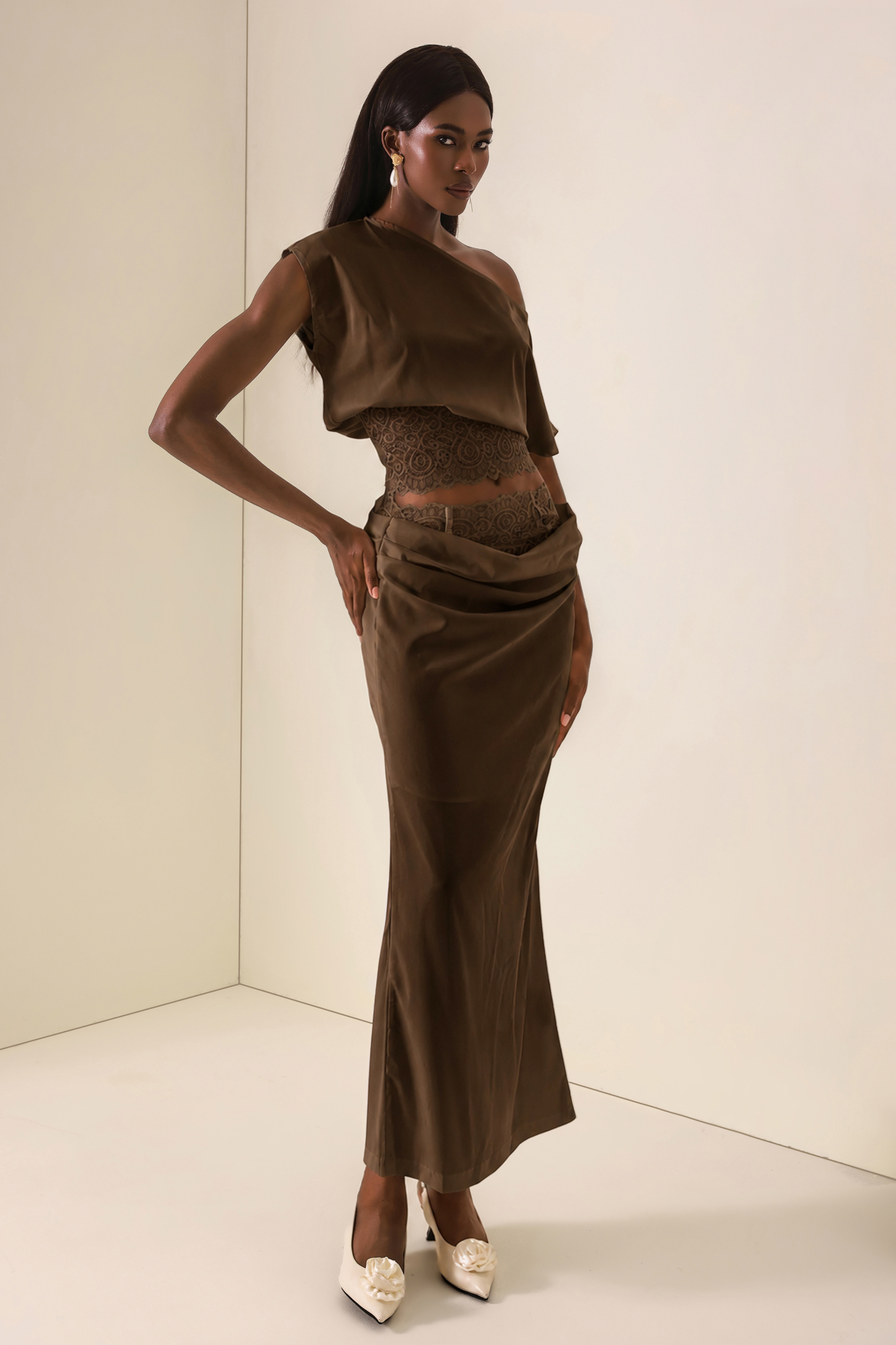 Skew Collar Lace Top & High Waist Midi Skirt Set