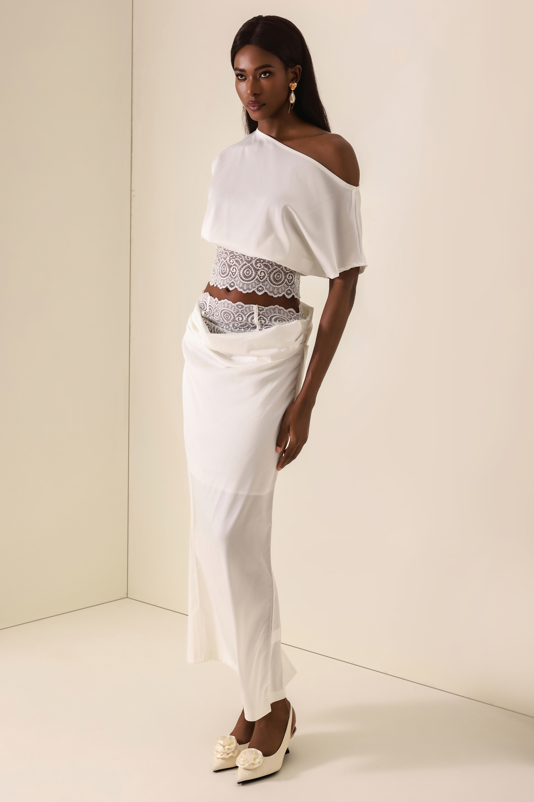 Skew Collar Lace Top & High Waist Midi Skirt Set