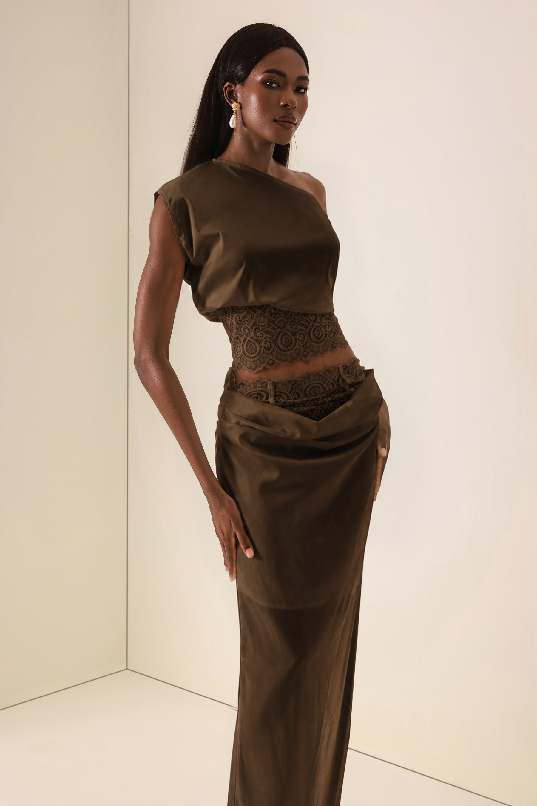Skew Collar Lace Top & High Waist Midi Skirt Set