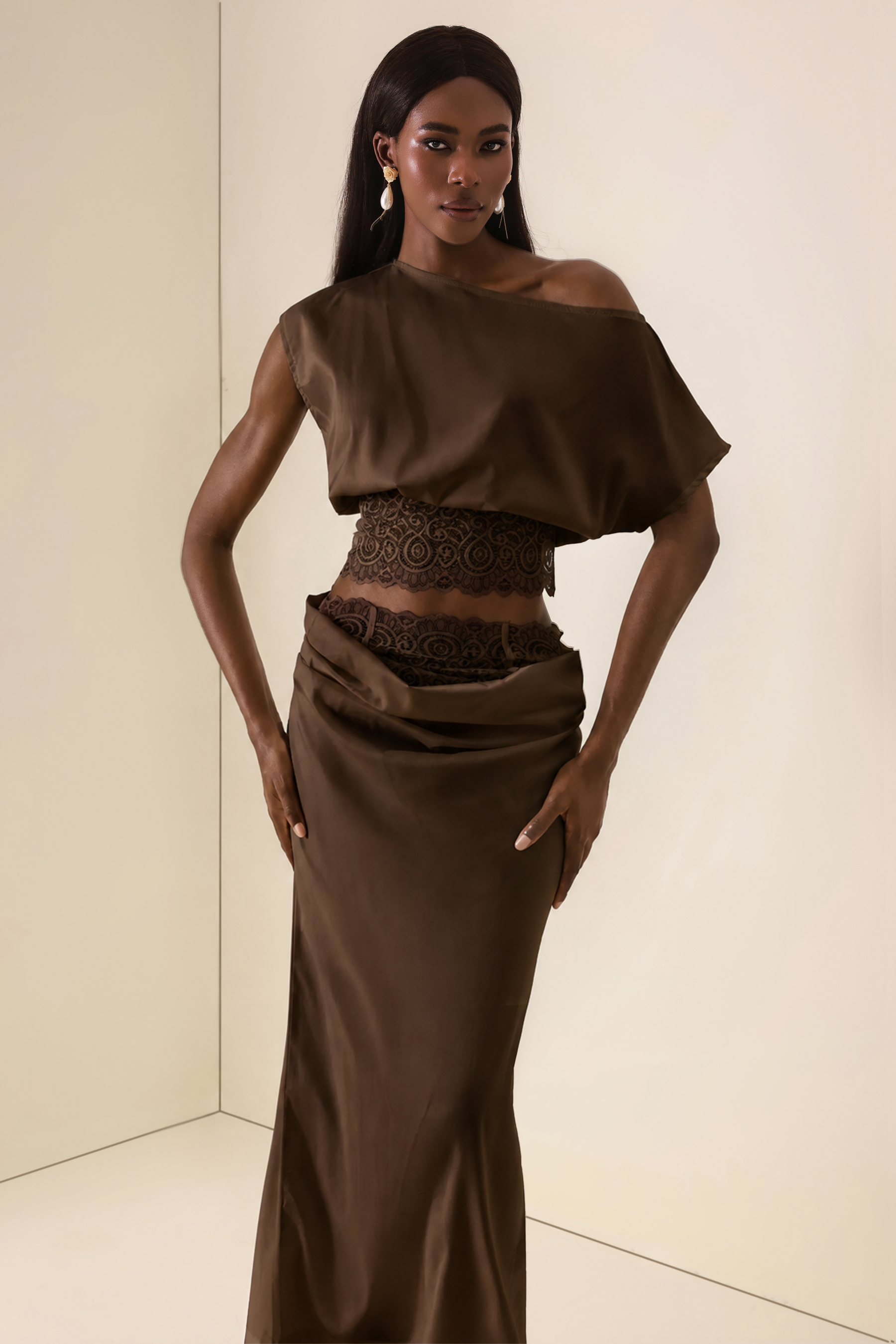 Skew Collar Lace Top & High Waist Midi Skirt Set