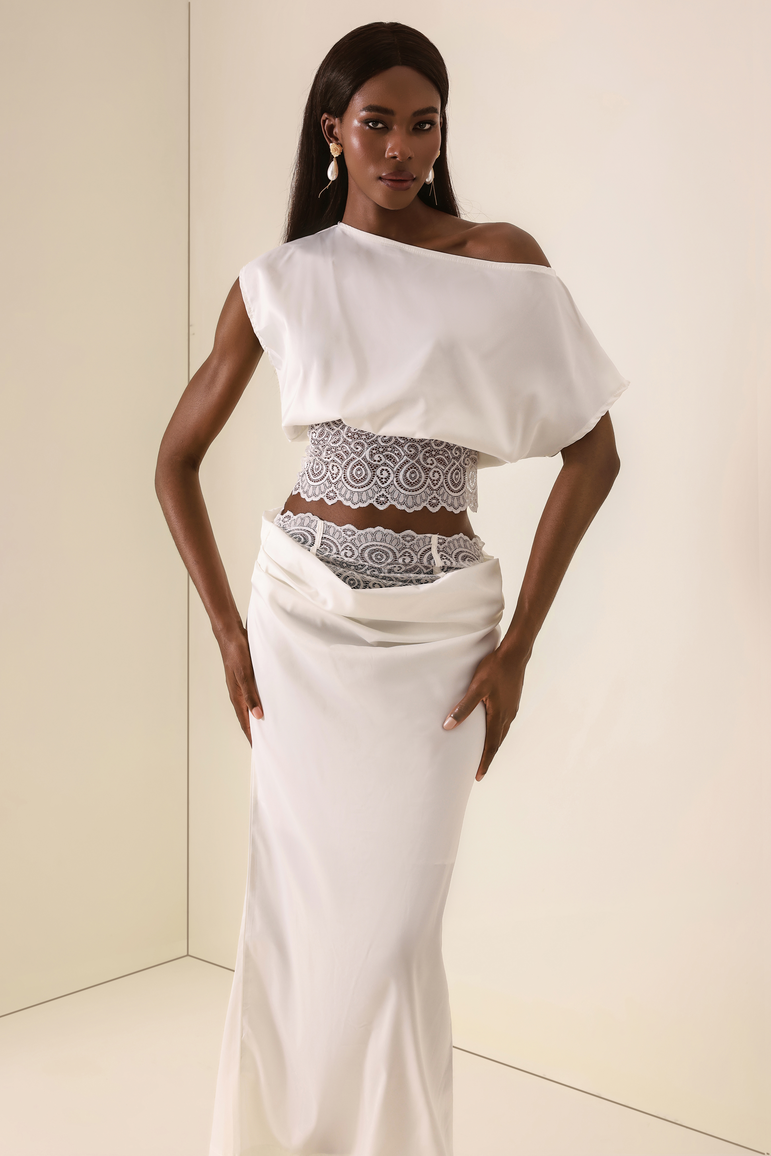 Skew Collar Lace Top & High Waist Midi Skirt Set