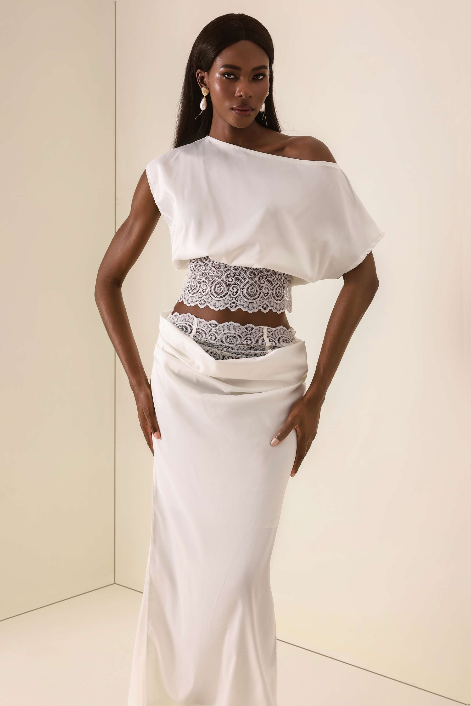 Skew Collar Lace Top & High Waist Midi Skirt Set