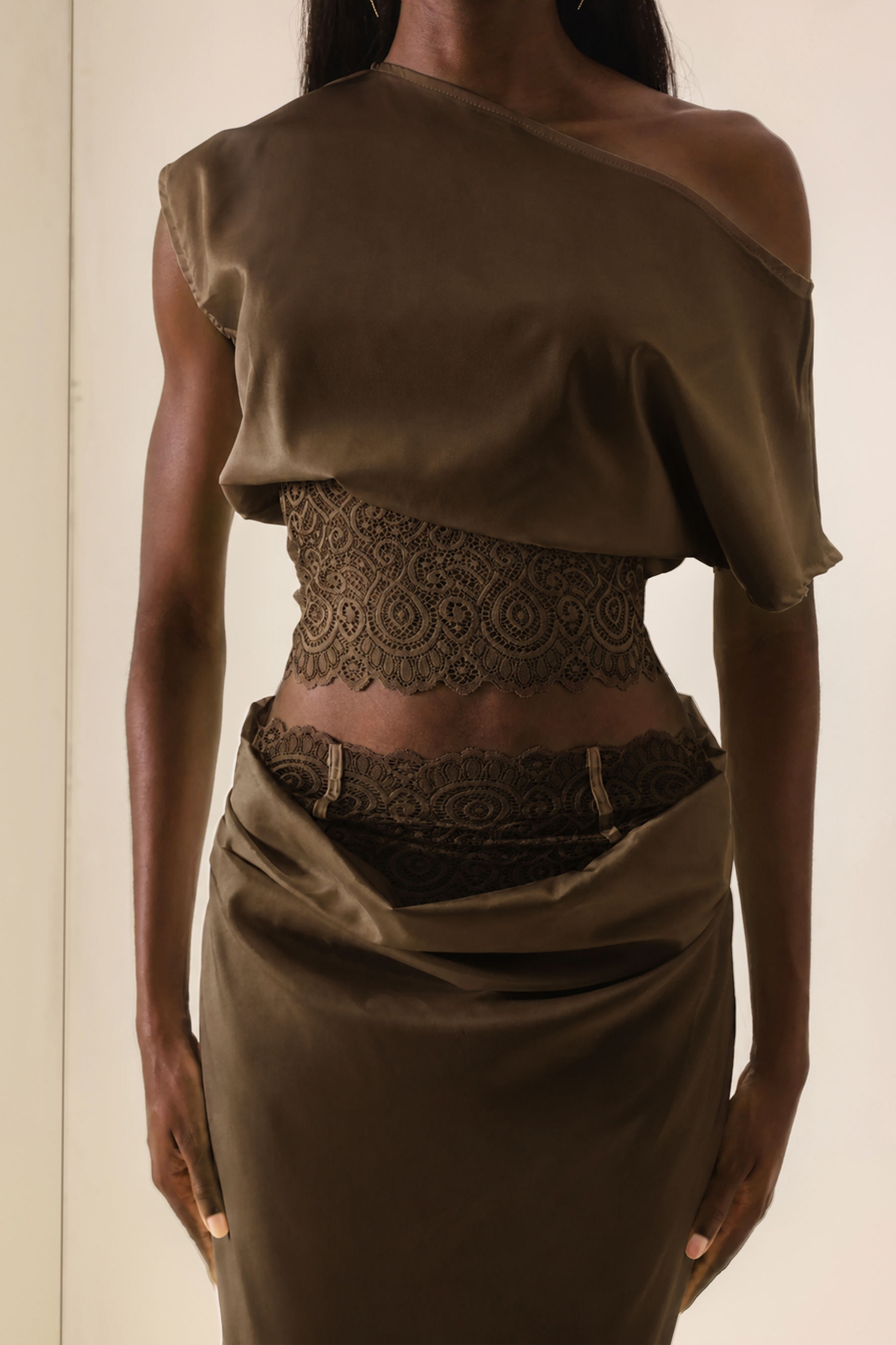 Skew Collar Lace Top & High Waist Midi Skirt Set