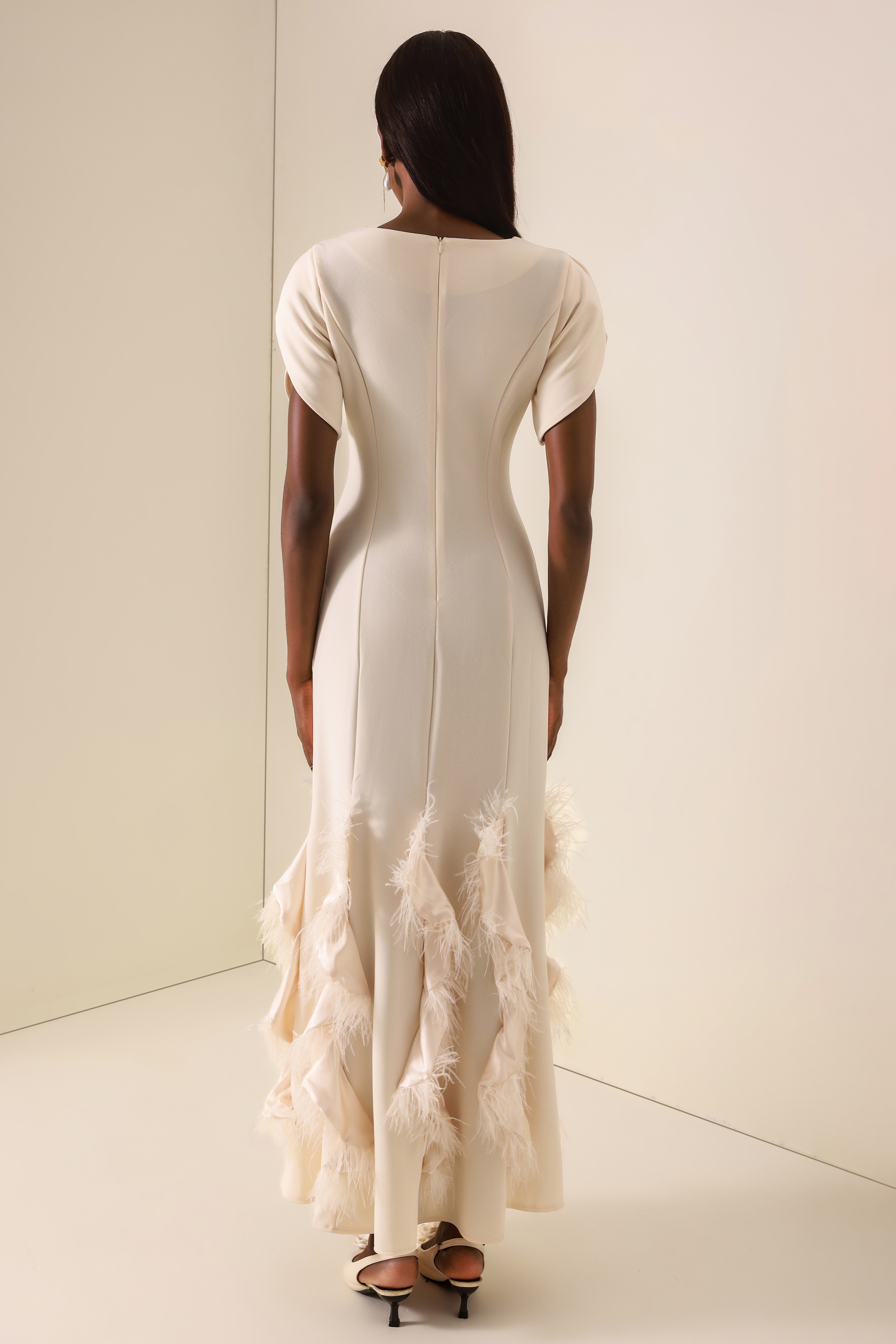 Feather Solid Ruffle Maxi Dress