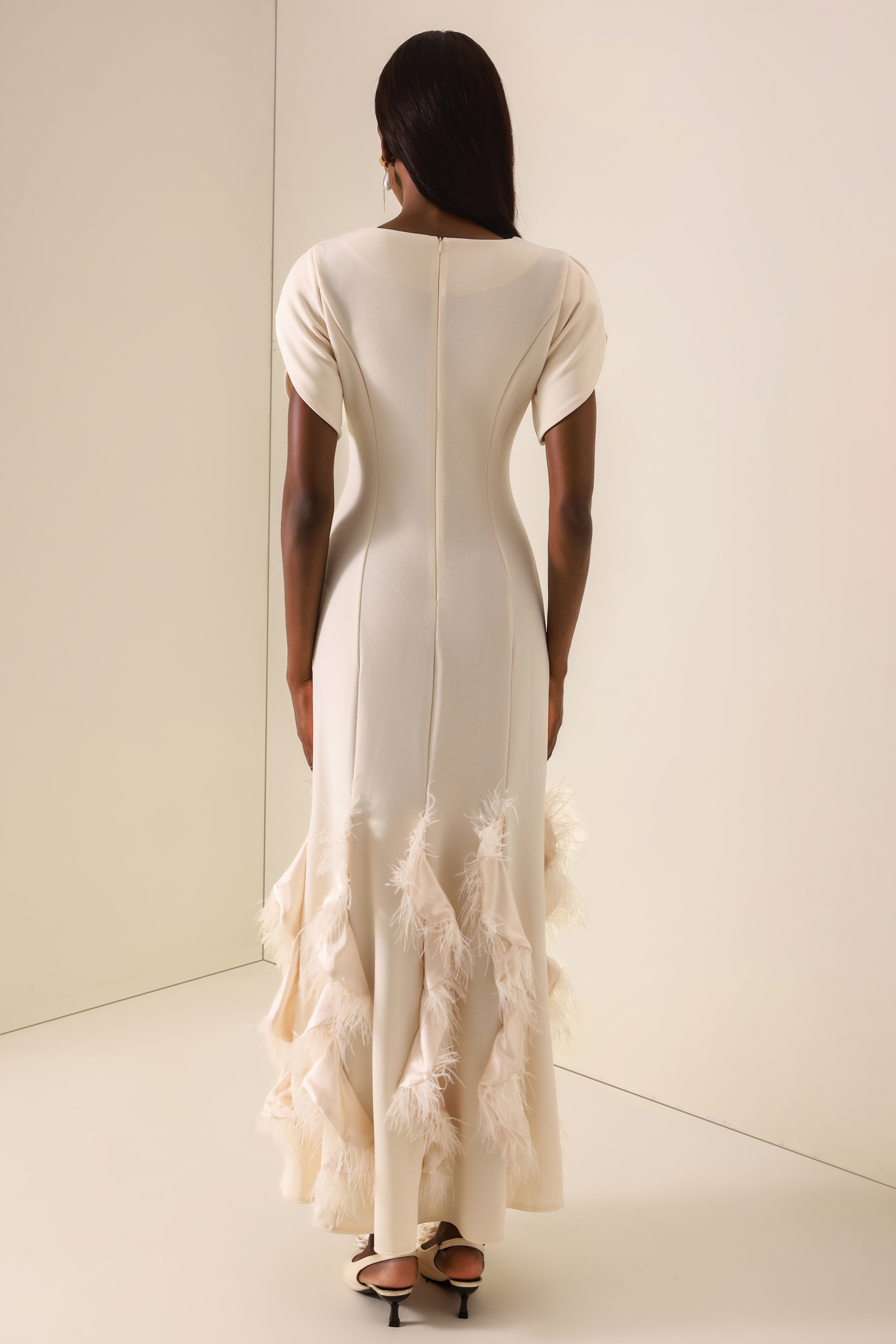Feather Solid Ruffle Maxi Dress