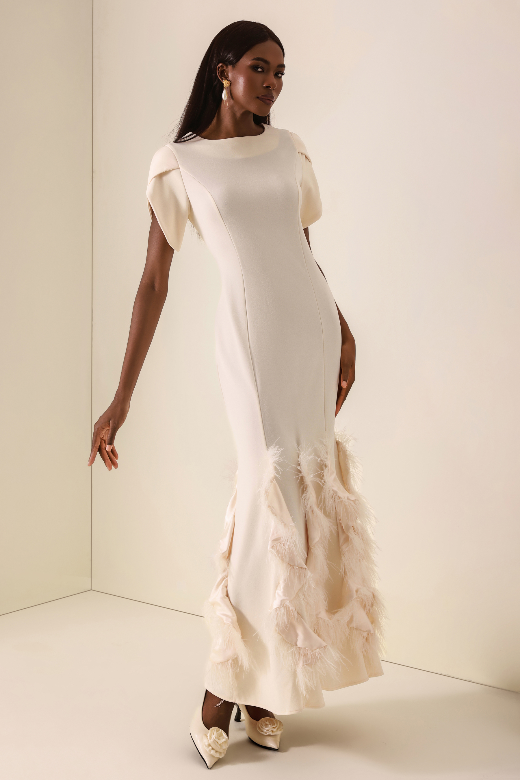 Feather Solid Ruffle Maxi Dress