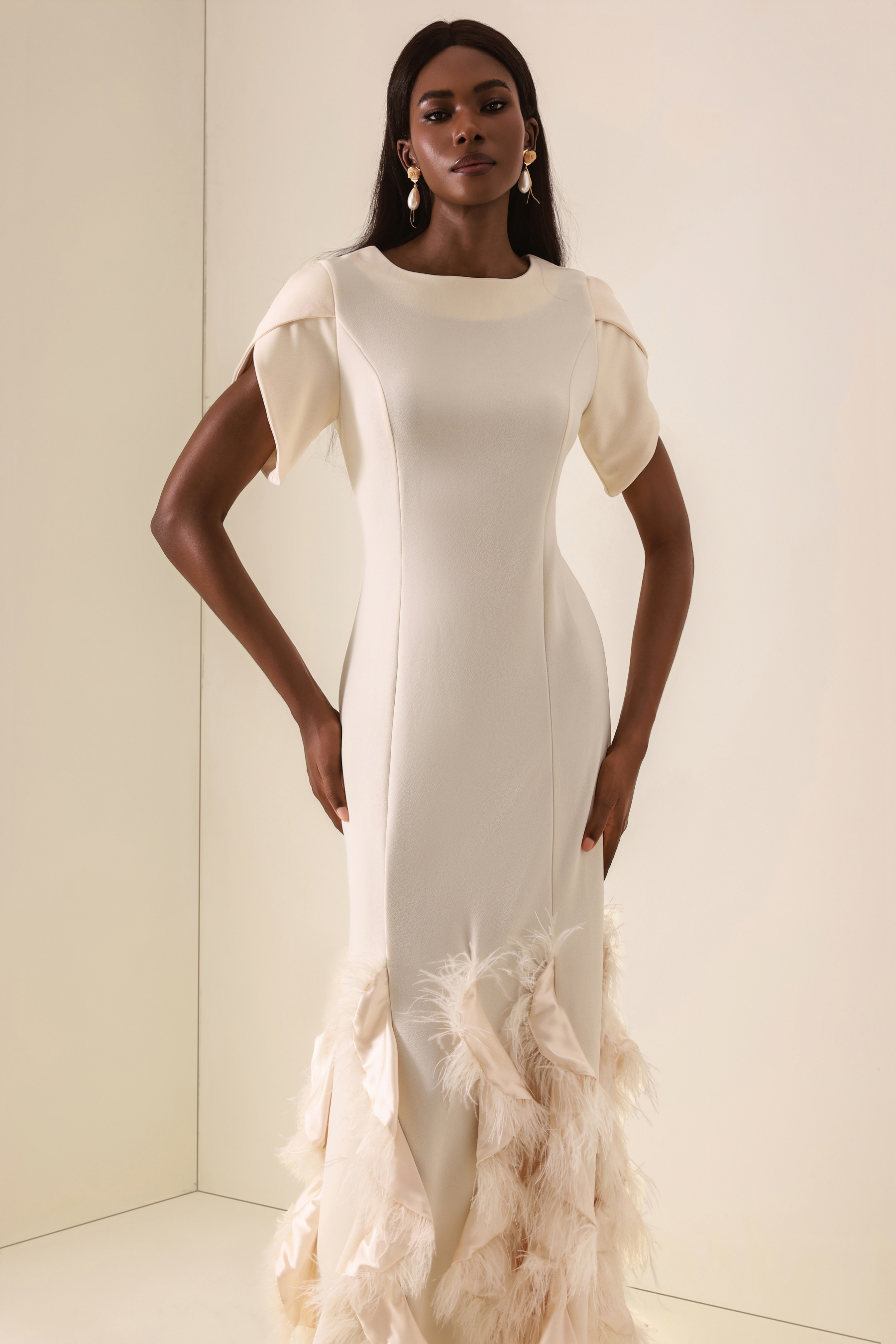 Feather Solid Ruffle Maxi Dress
