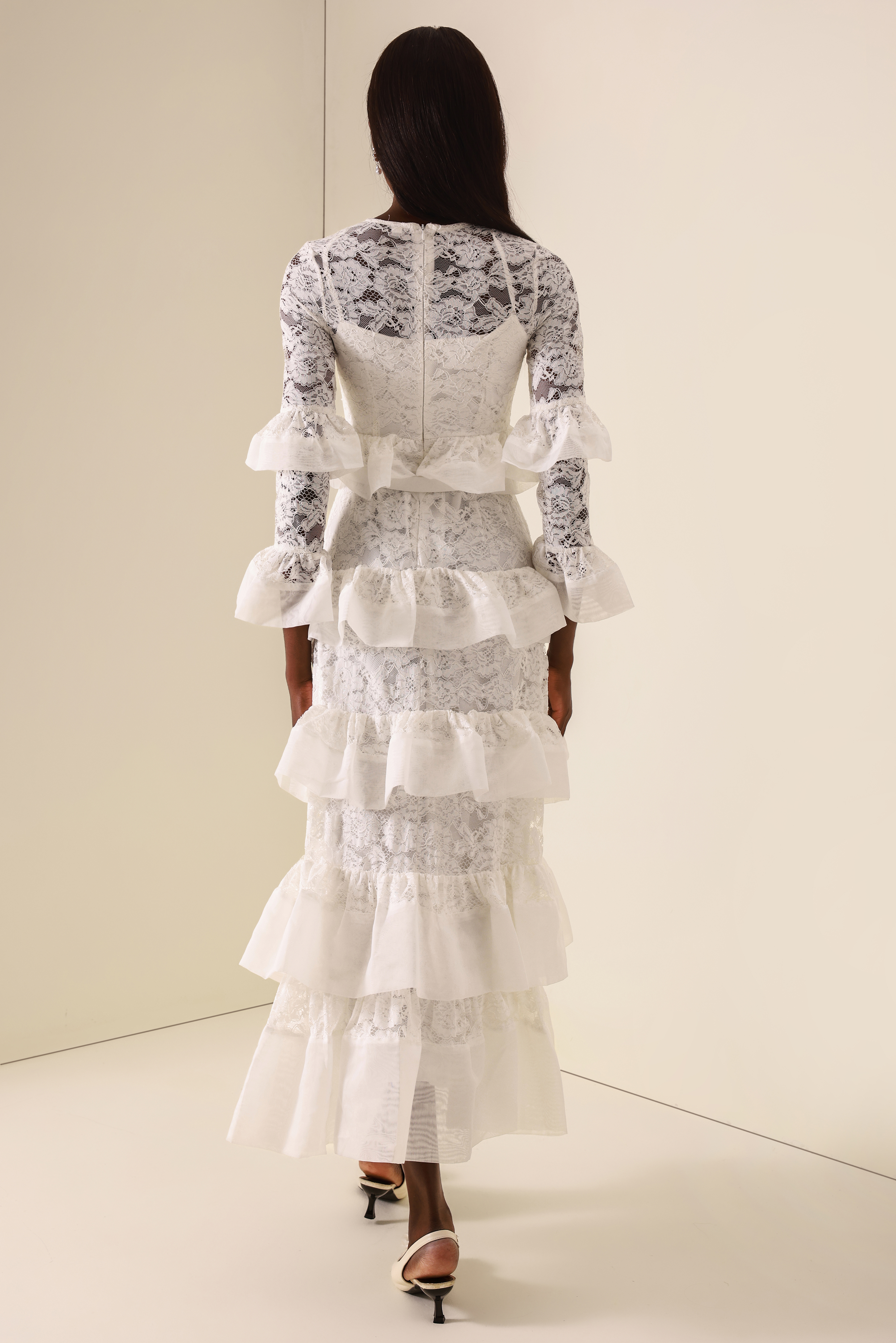 Lace Multi Ruffle Midi Dress
