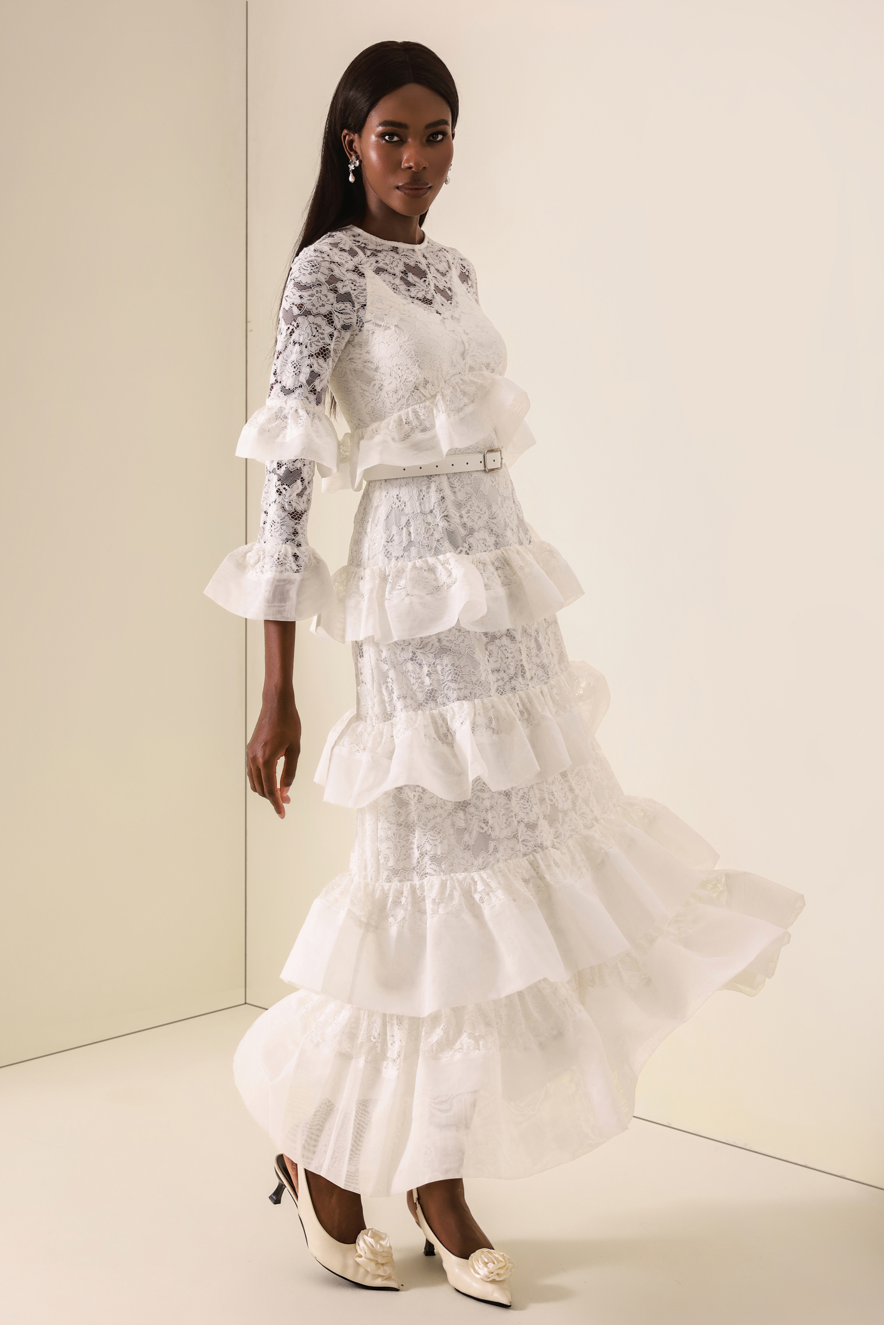 Lace Multi Ruffle Midi Dress