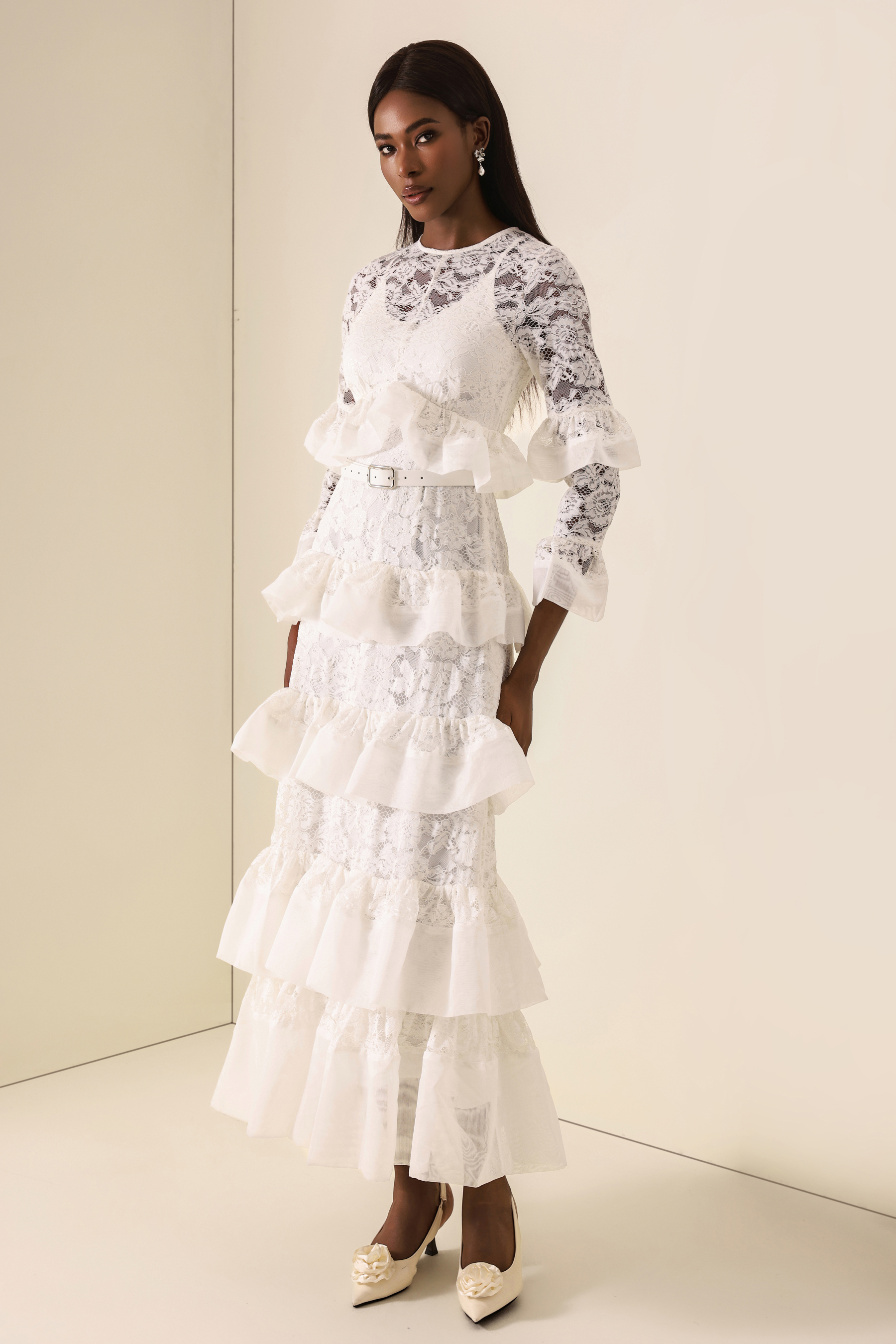 Lace Multi Ruffle Midi Dress