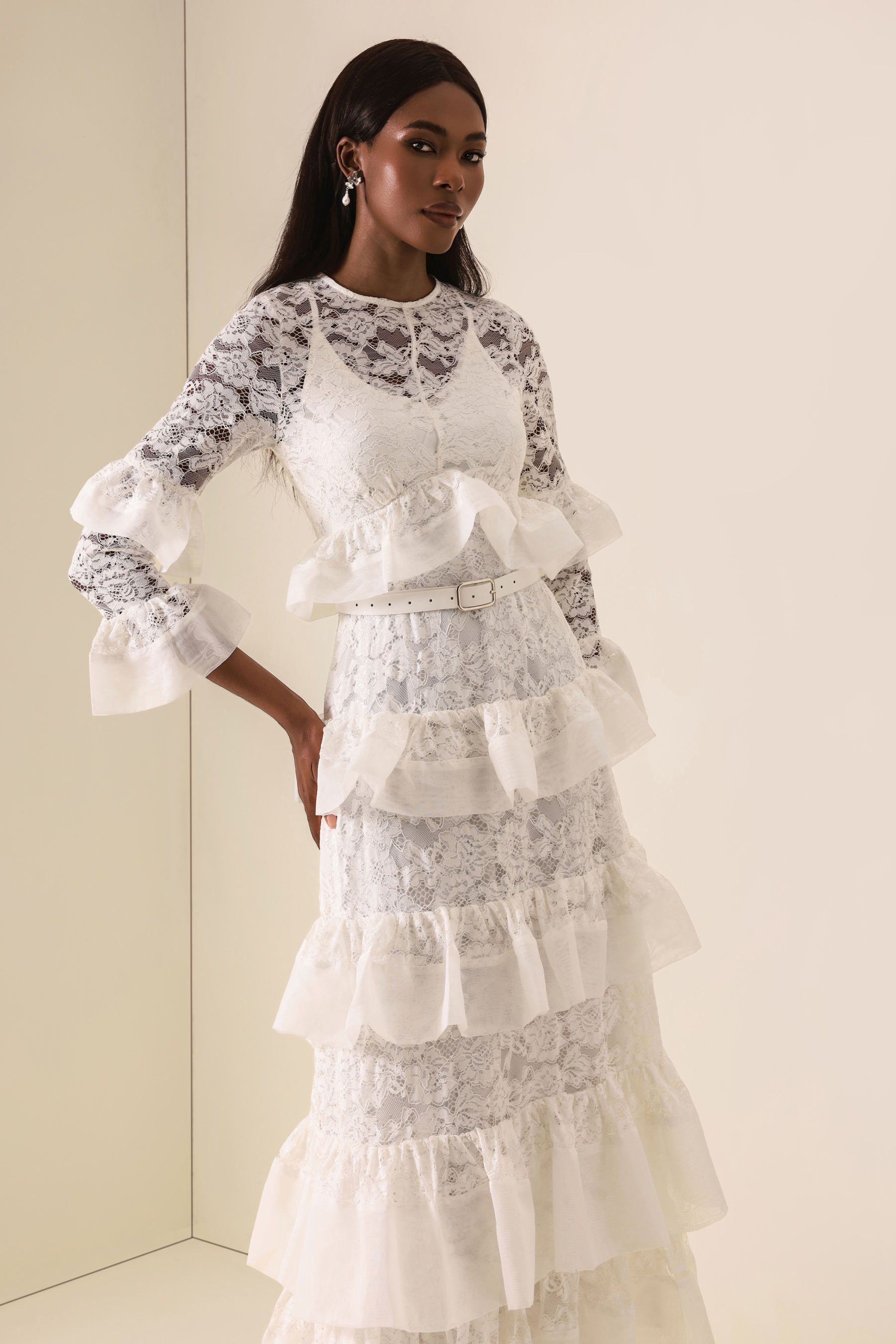 Lace Multi Ruffle Midi Dress