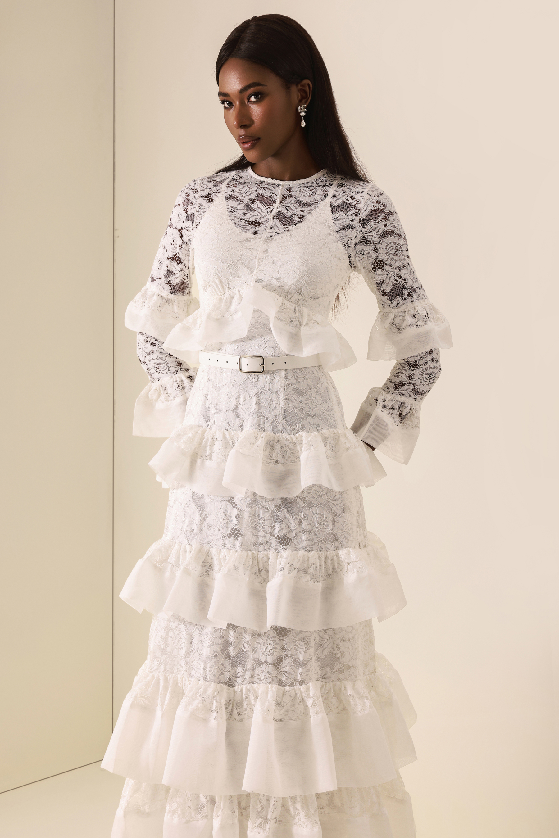 Lace Multi Ruffle Midi Dress