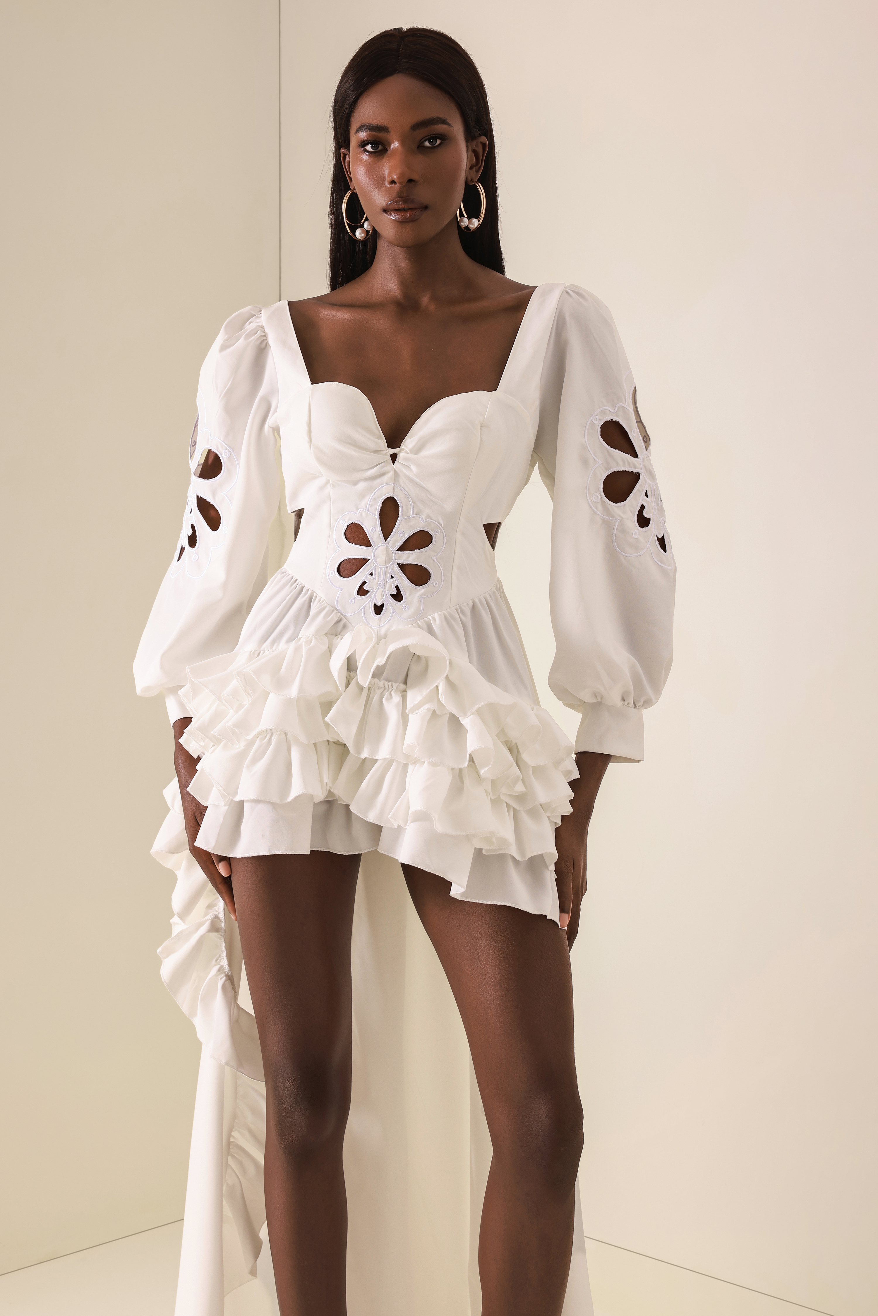 Embroidered Cut-Out Ruffle Mini Dress