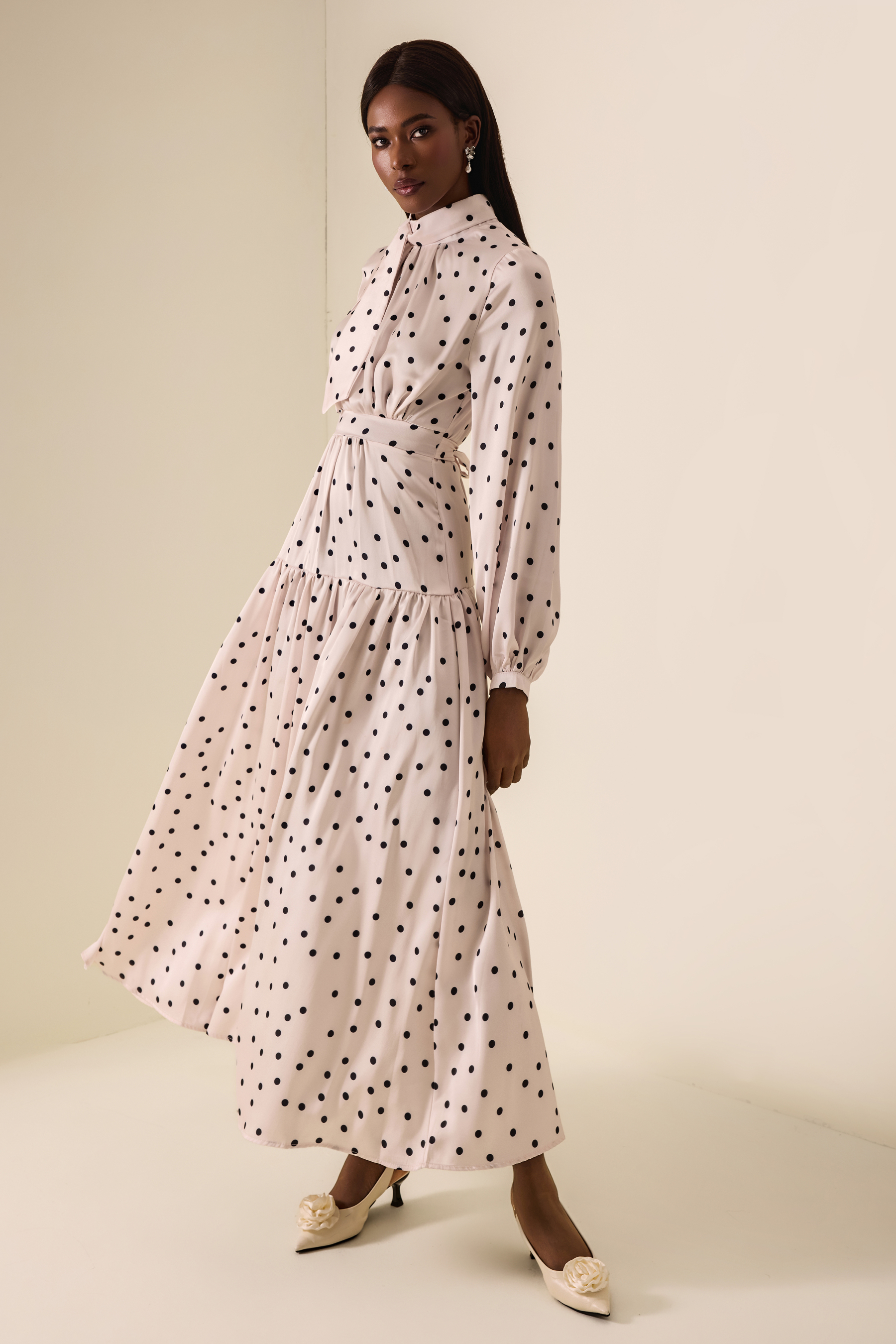 Polka Dot Stand Collar Gathering Maxi Dress