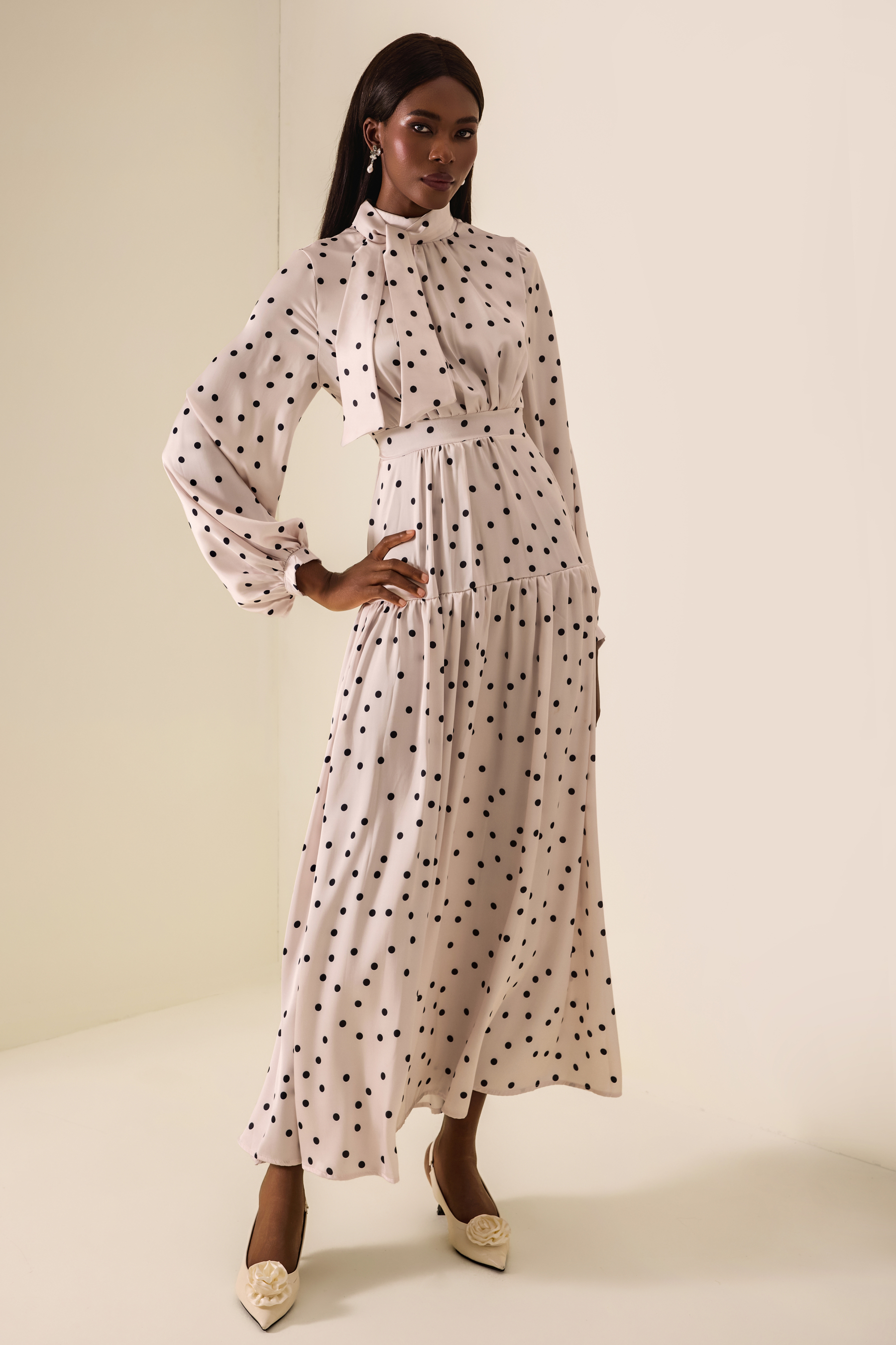 Polka Dot Stand Collar Gathering Maxi Dress