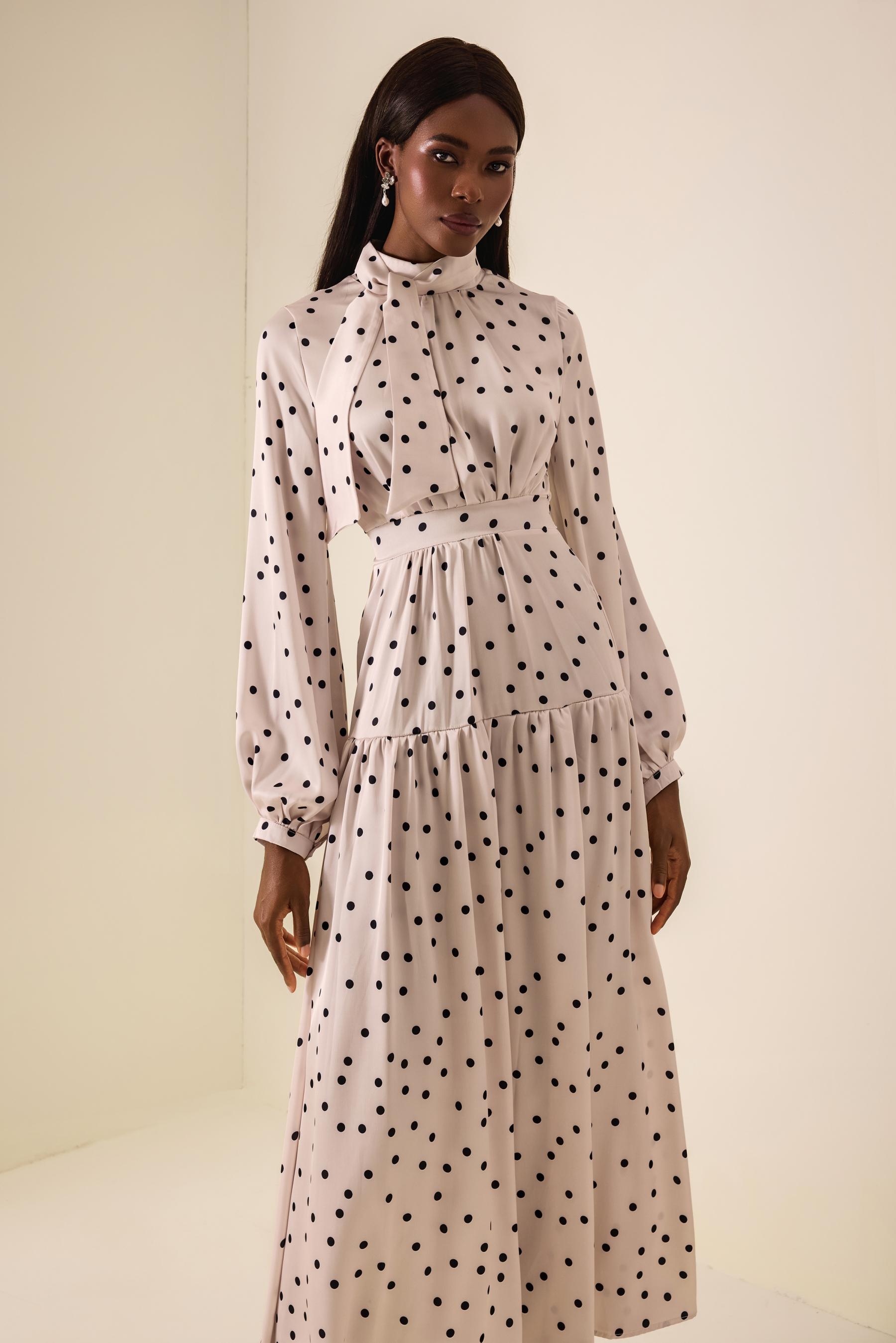 Polka Dot Stand Collar Gathering Maxi Dress