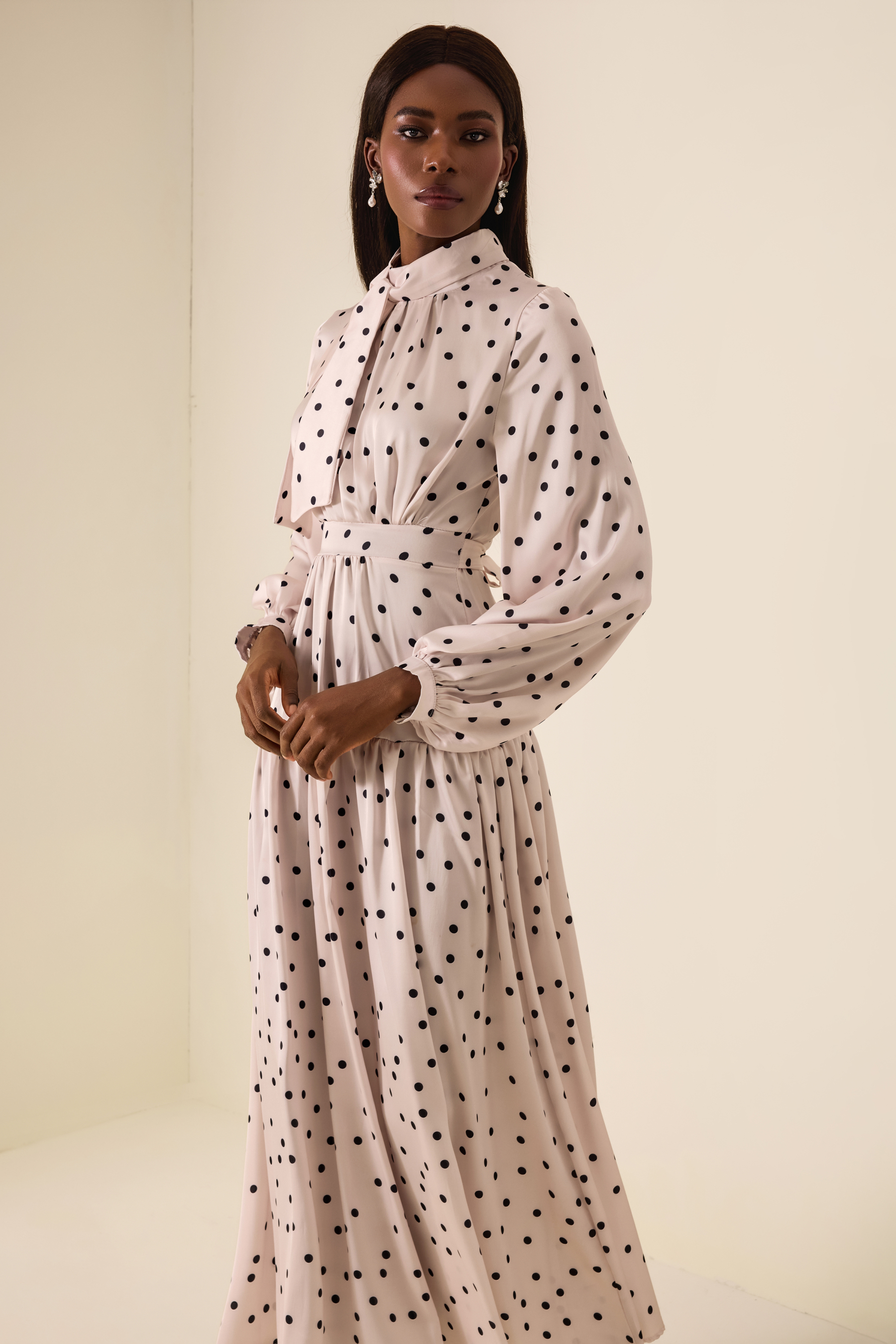 Polka Dot Stand Collar Gathering Maxi Dress